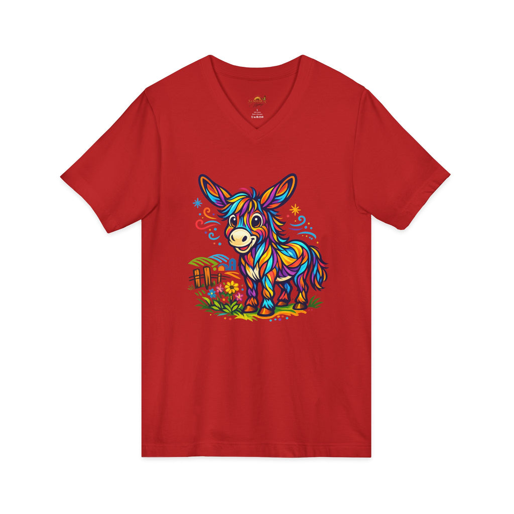 Colorful Donkey V-Neck Tee — Whimsical Farm Animal Graphic Shirt
