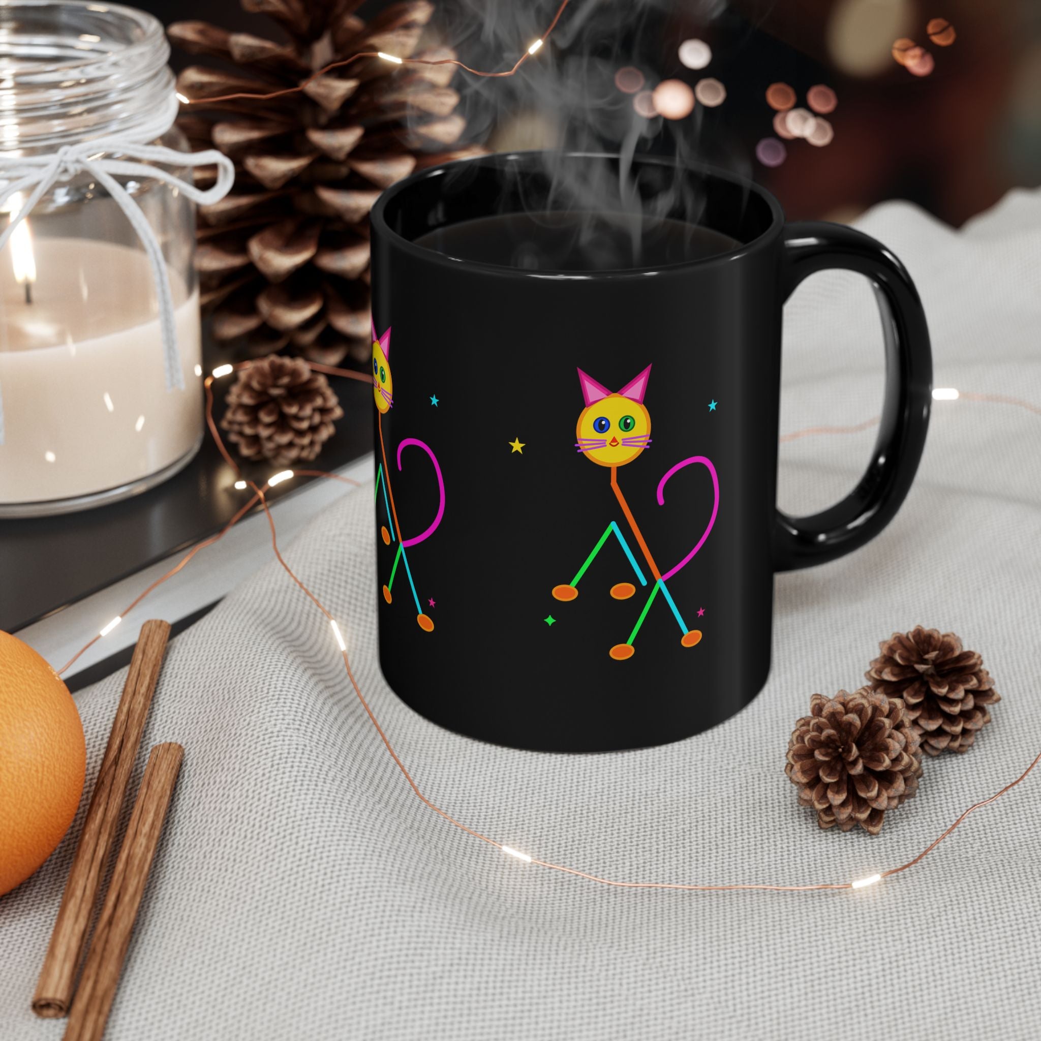 Neon Cat Black Mug — Colorful Retro Cat Coffee Cup (11oz/15oz)