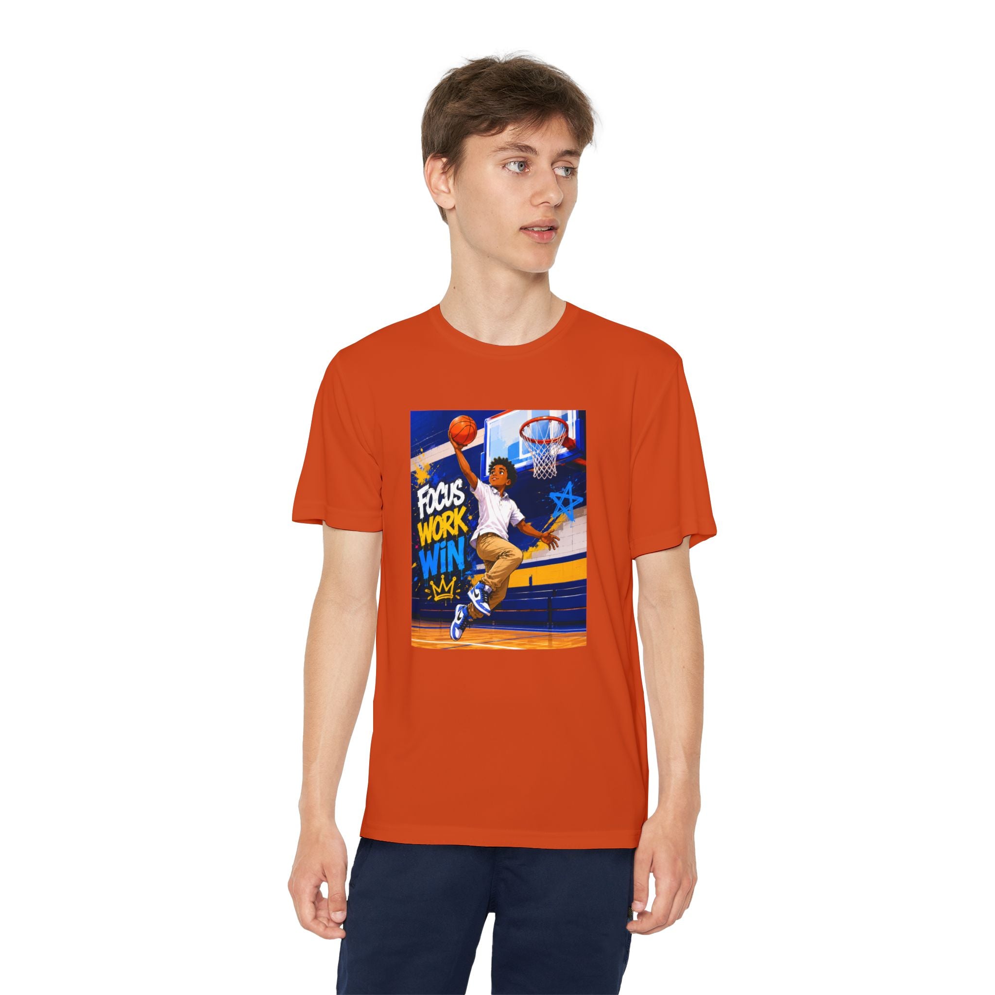 Youth Basketball Tee, Back to School — "Focus Work Win" Personalized Name Jersey