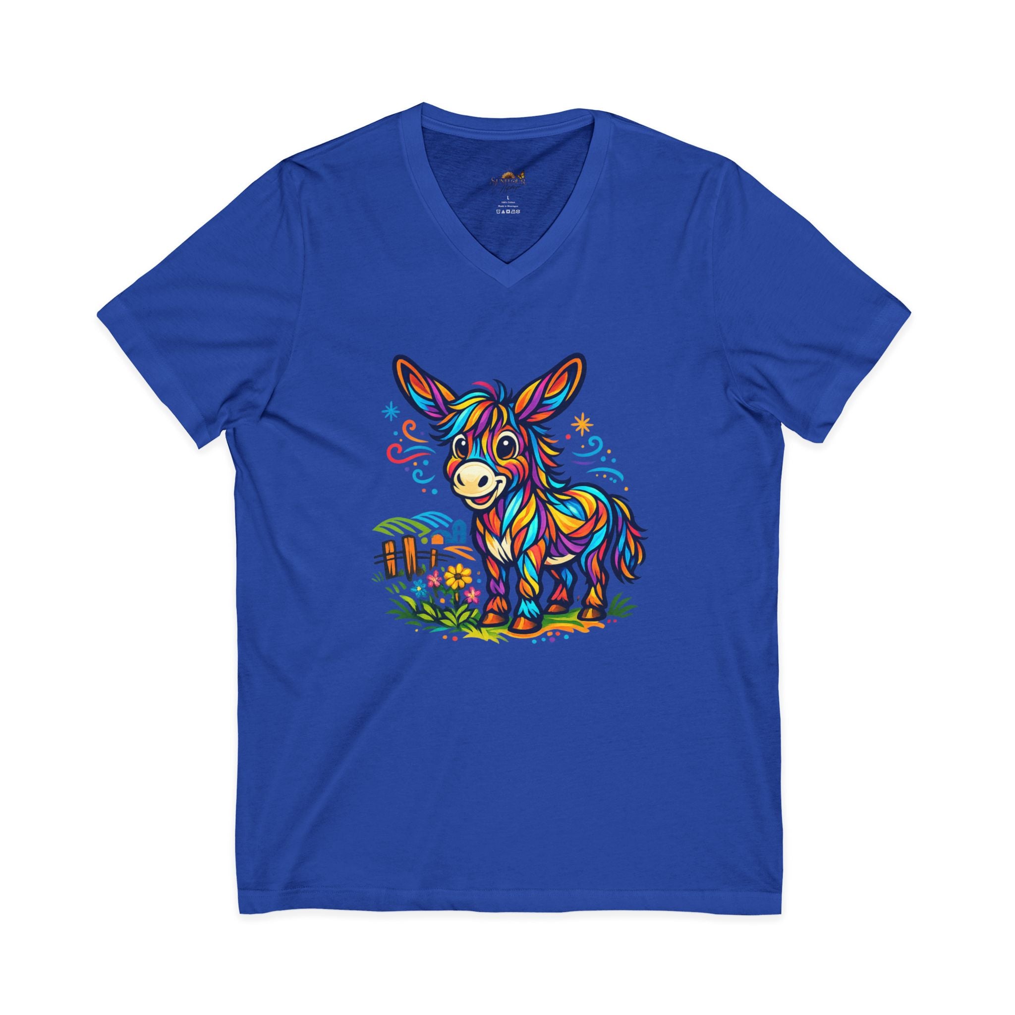 Colorful Donkey V-Neck Tee — Whimsical Farm Animal Graphic Shirt