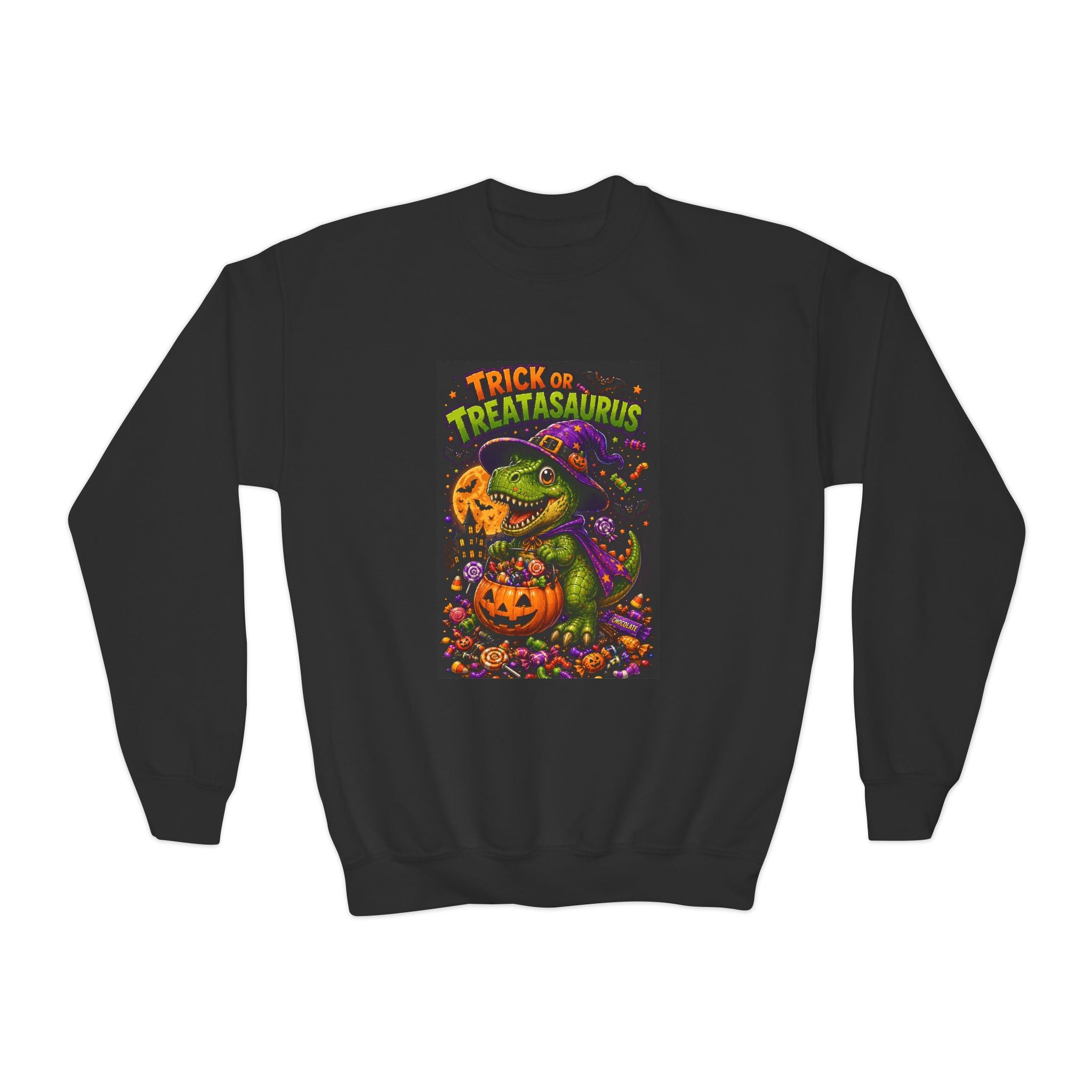 Youth Halloween Sweatshirt — "Trick or Treatasaurus" Dino Pumpkin Crewneck