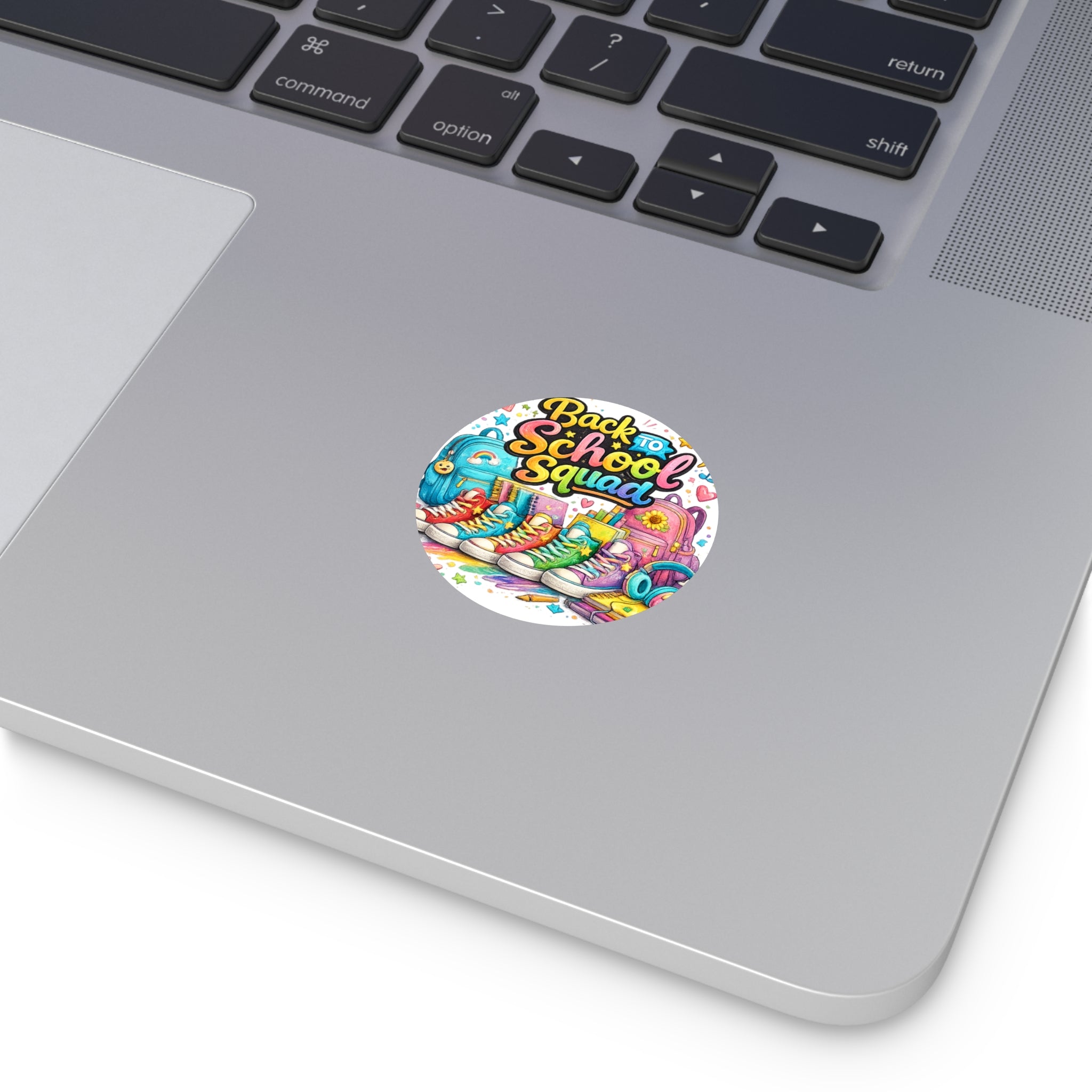Teacher Back to School Squad Round Vinyl Sticker — Colorful Sneakers & Backpacks
