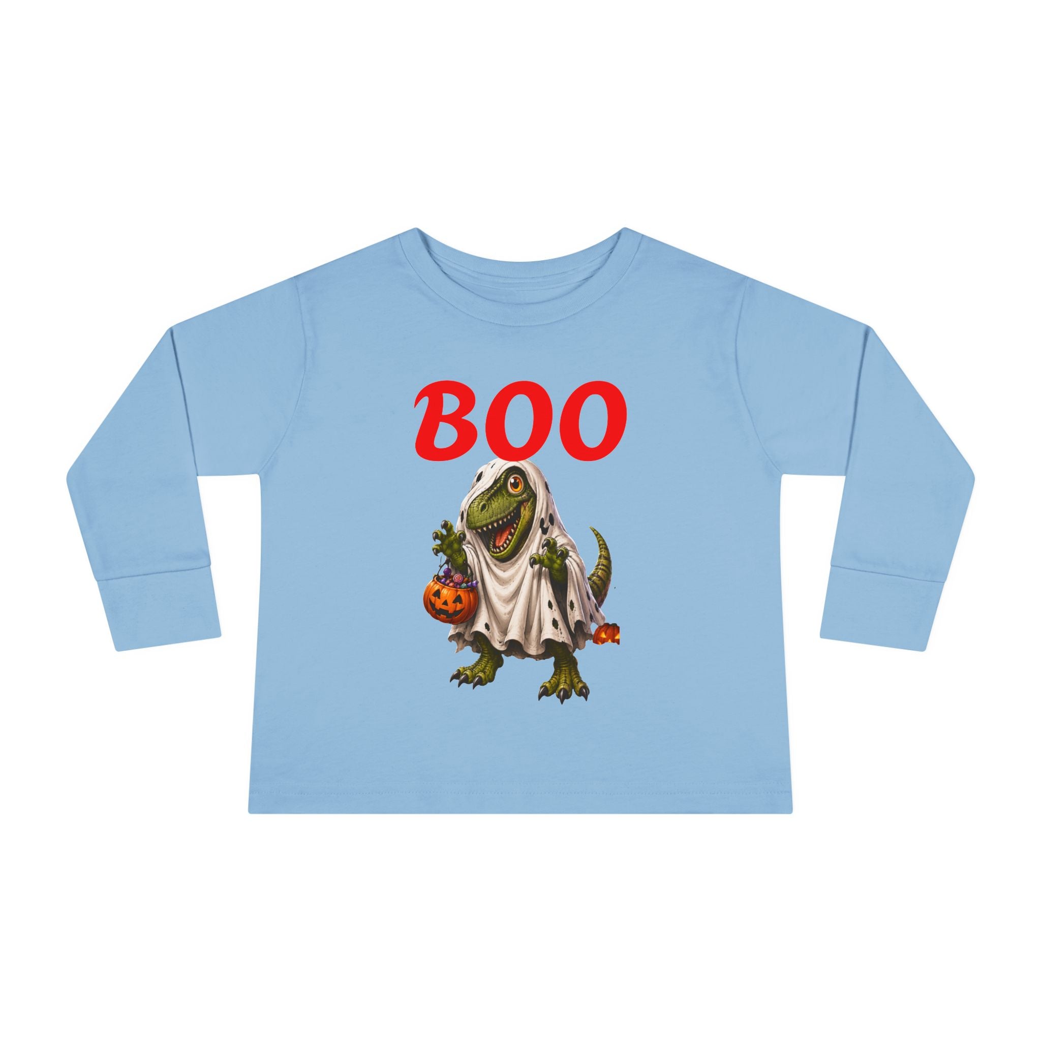 Halloween Toddler Long Sleeve Tee — Cute Dinosaur Ghost "BOO!" Halloween Shirt