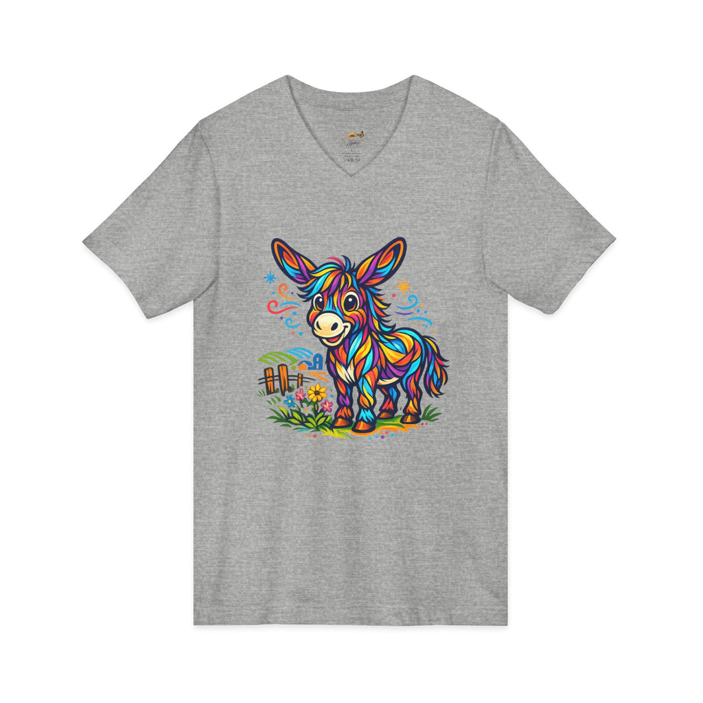 Colorful Donkey V-Neck Tee — Whimsical Farm Animal Graphic Shirt