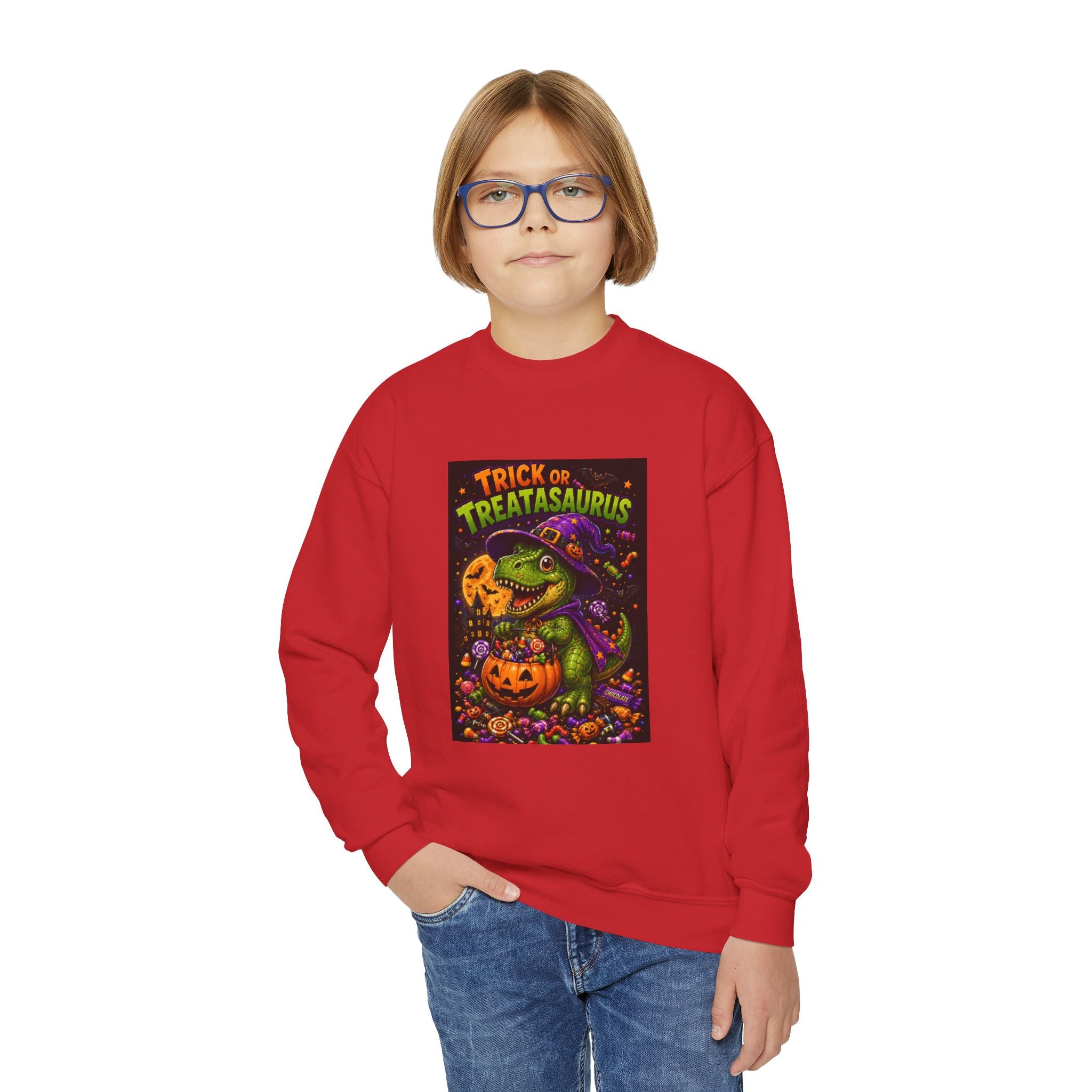 Youth Halloween Sweatshirt — "Trick or Treatasaurus" Dino Pumpkin Crewneck