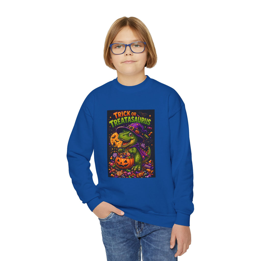 Youth Halloween Sweatshirt — "Trick or Treatasaurus" Dino Pumpkin Crewneck