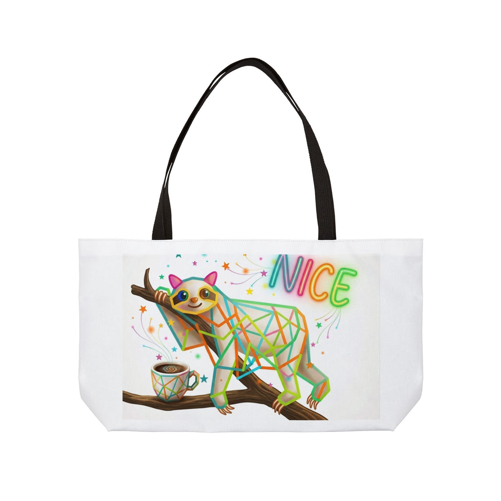 Weekender Tote Bag — Colorful Geometric Sloth "Nice / Be Kind" Travel Tote