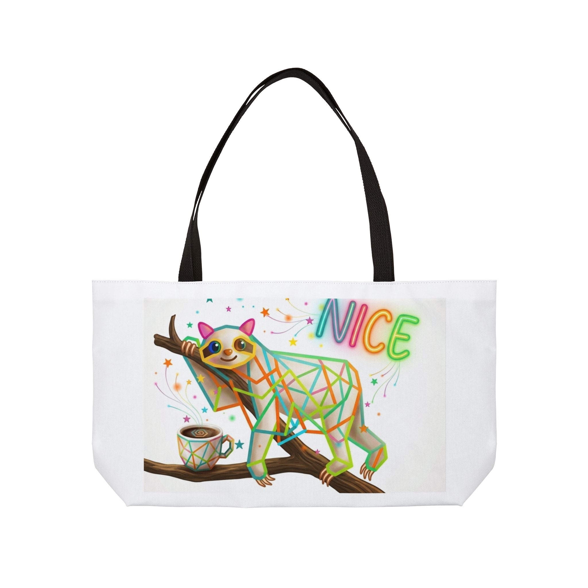 Weekender Tote Bag — Colorful Geometric Sloth "Nice / Be Kind" Travel Tote