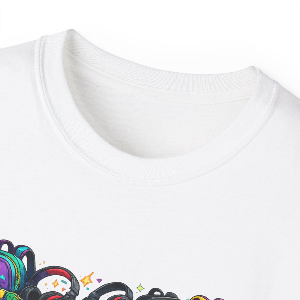 Colorful Sneaker Stack Tee — Graphic Shoe & Backpack Illustration T‑Shirt