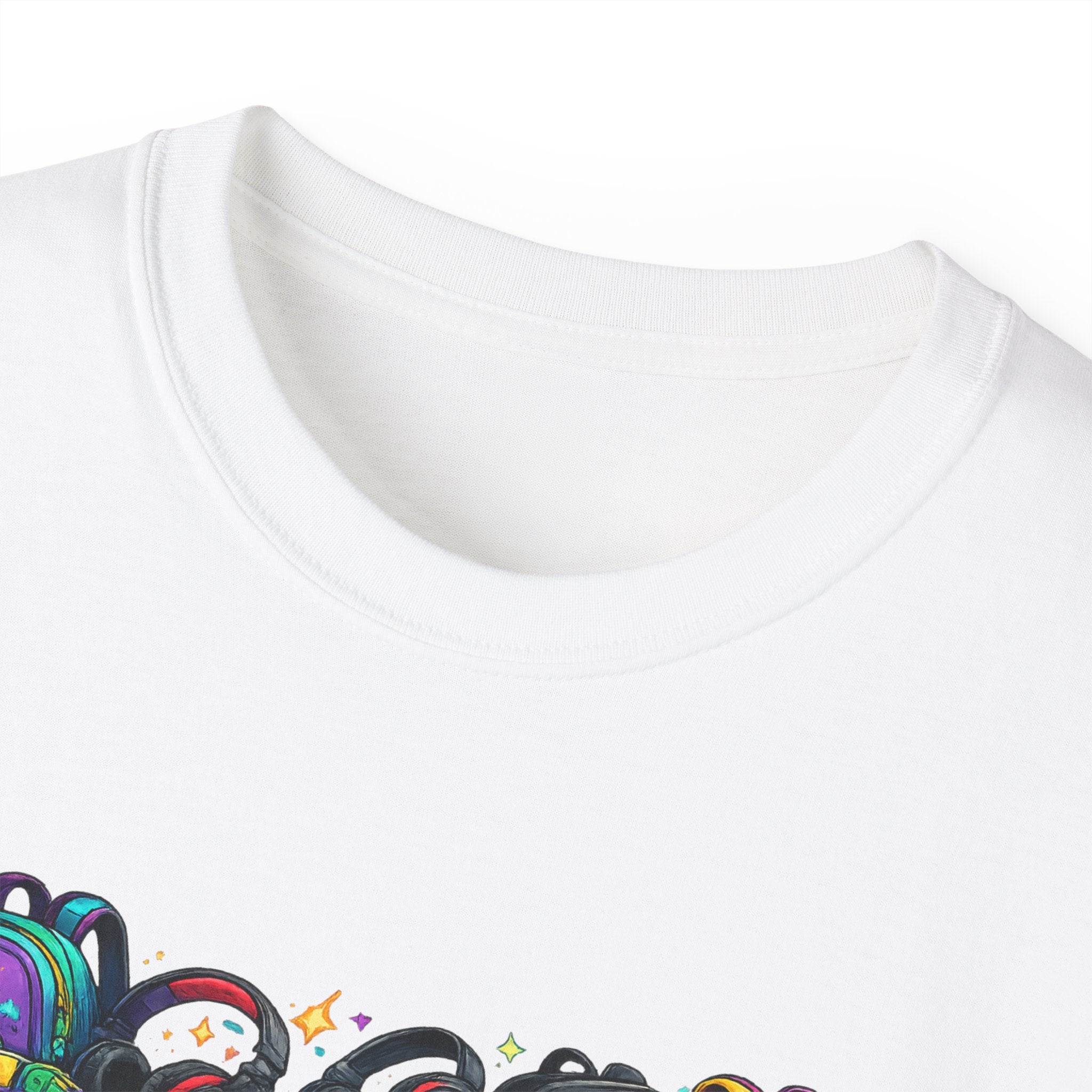 Colorful Sneaker Stack Tee — Graphic Shoe & Backpack Illustration T‑Shirt
