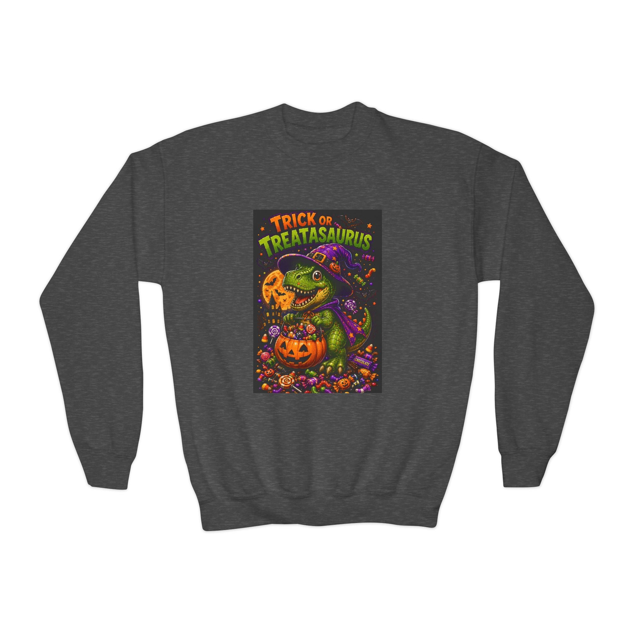 Youth Halloween Sweatshirt — "Trick or Treatasaurus" Dino Pumpkin Crewneck