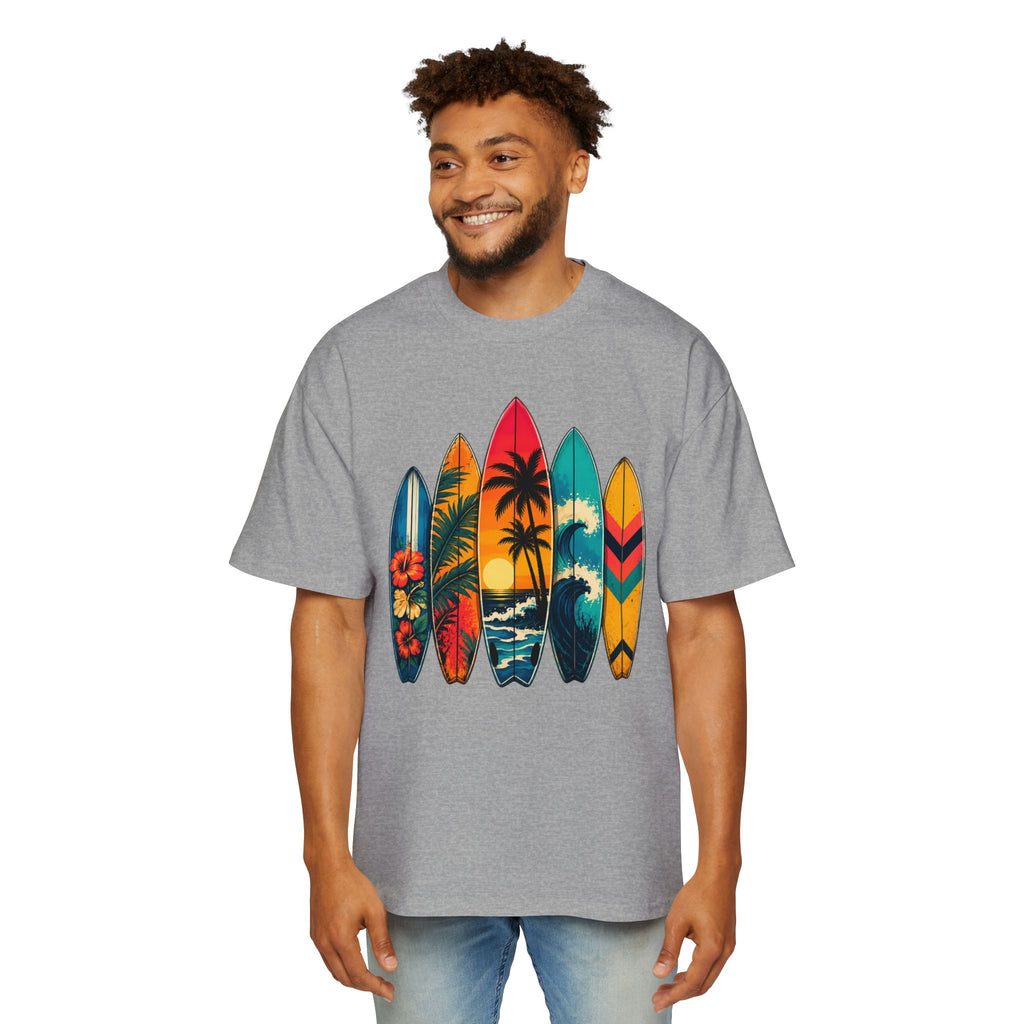 Surfboard Graphic Tee — Vintage Tropical Beach Shirt for Men