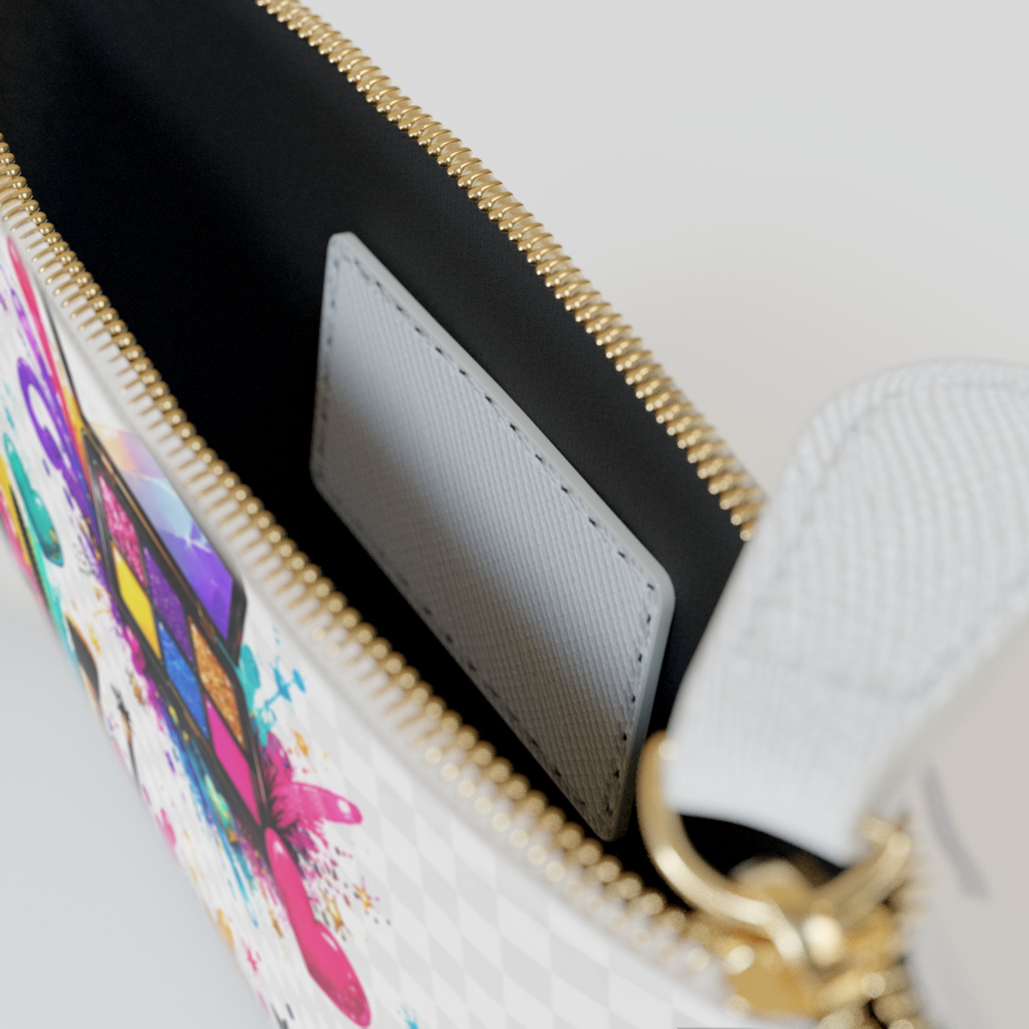 Cosmetic Print Mini Clutch Bag — Colorful Makeup Palette & Brushes Pouch