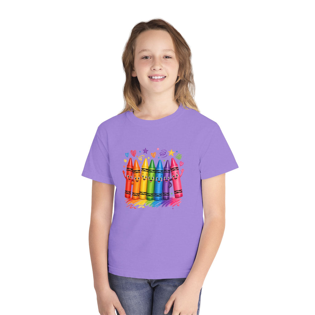 Crayon Crew Kids T‑Shirt — Colorful Rainbow Crayon Friends Tee
