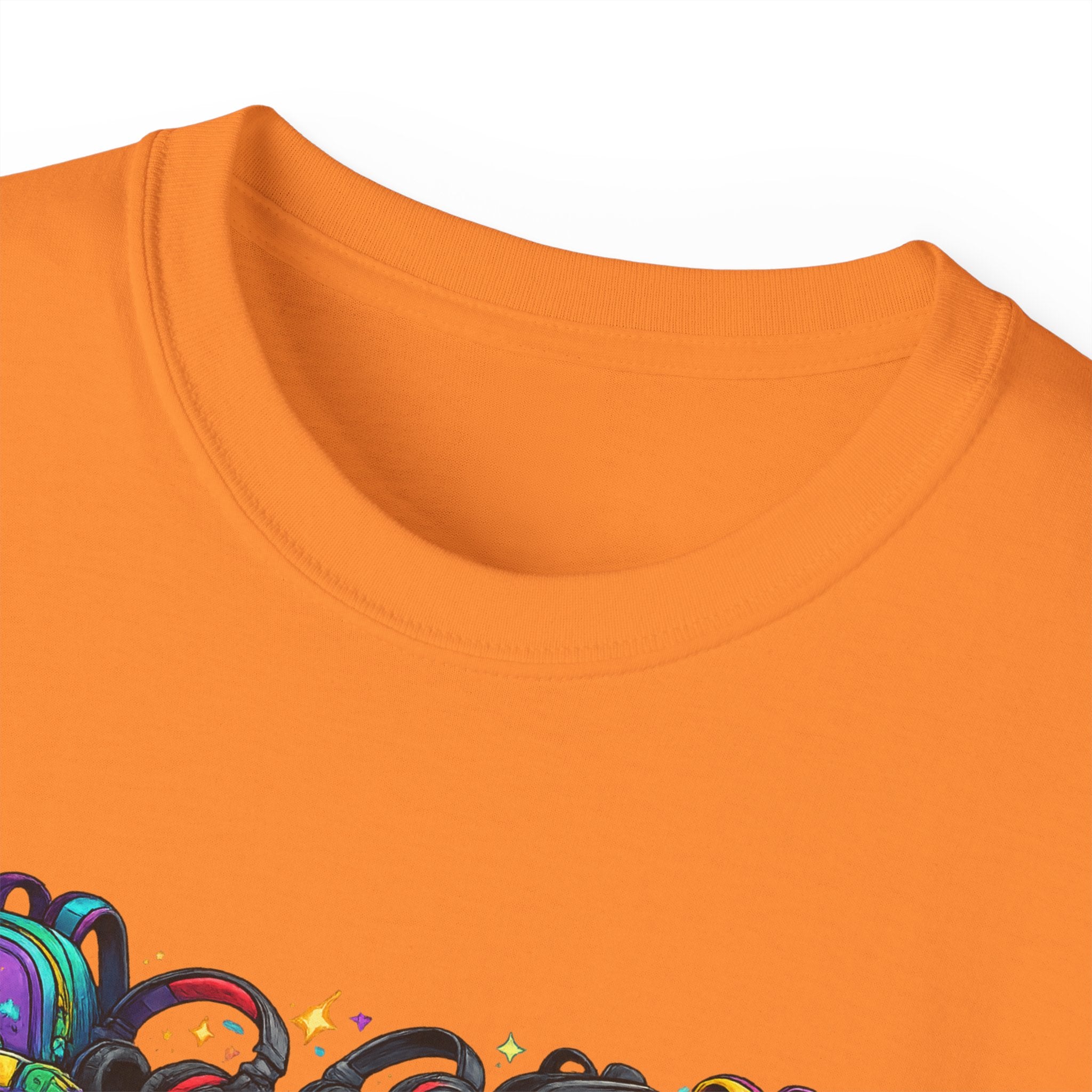 Colorful Sneaker Stack Tee — Graphic Shoe & Backpack Illustration T‑Shirt
