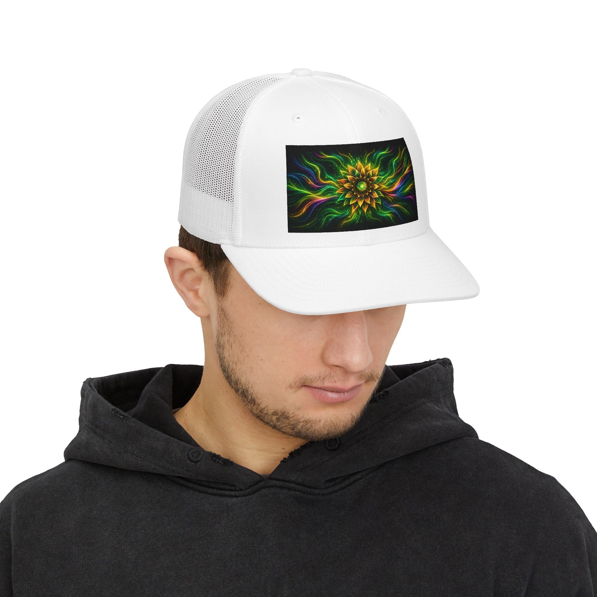 Psychedelic Sunflower Trucker Hat — Vibrant Floral Mandala Snapback