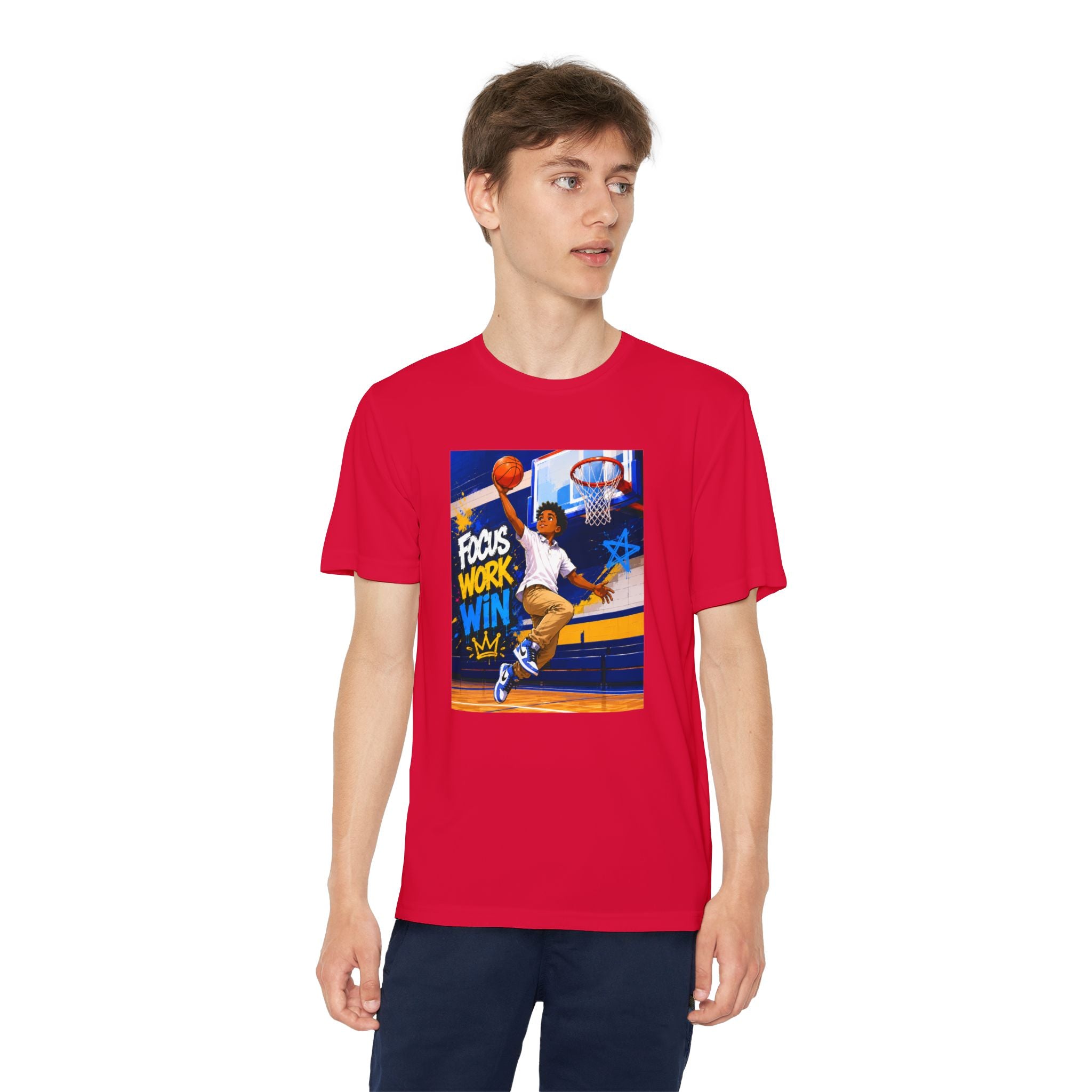 Youth Basketball Tee, Back to School — "Focus Work Win" Personalized Name Jersey
