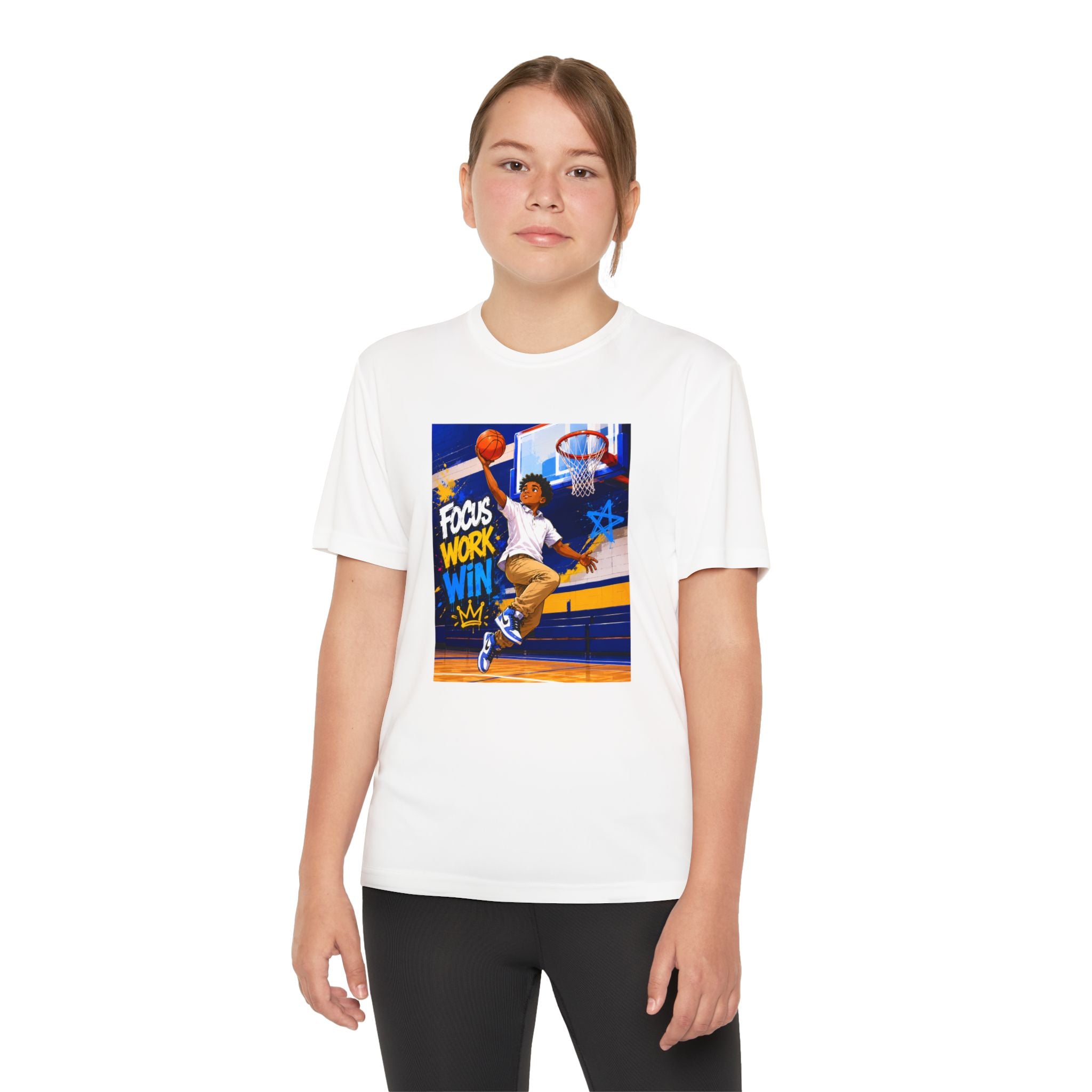 Youth Basketball Tee, Back to School — "Focus Work Win" Personalized Name Jersey