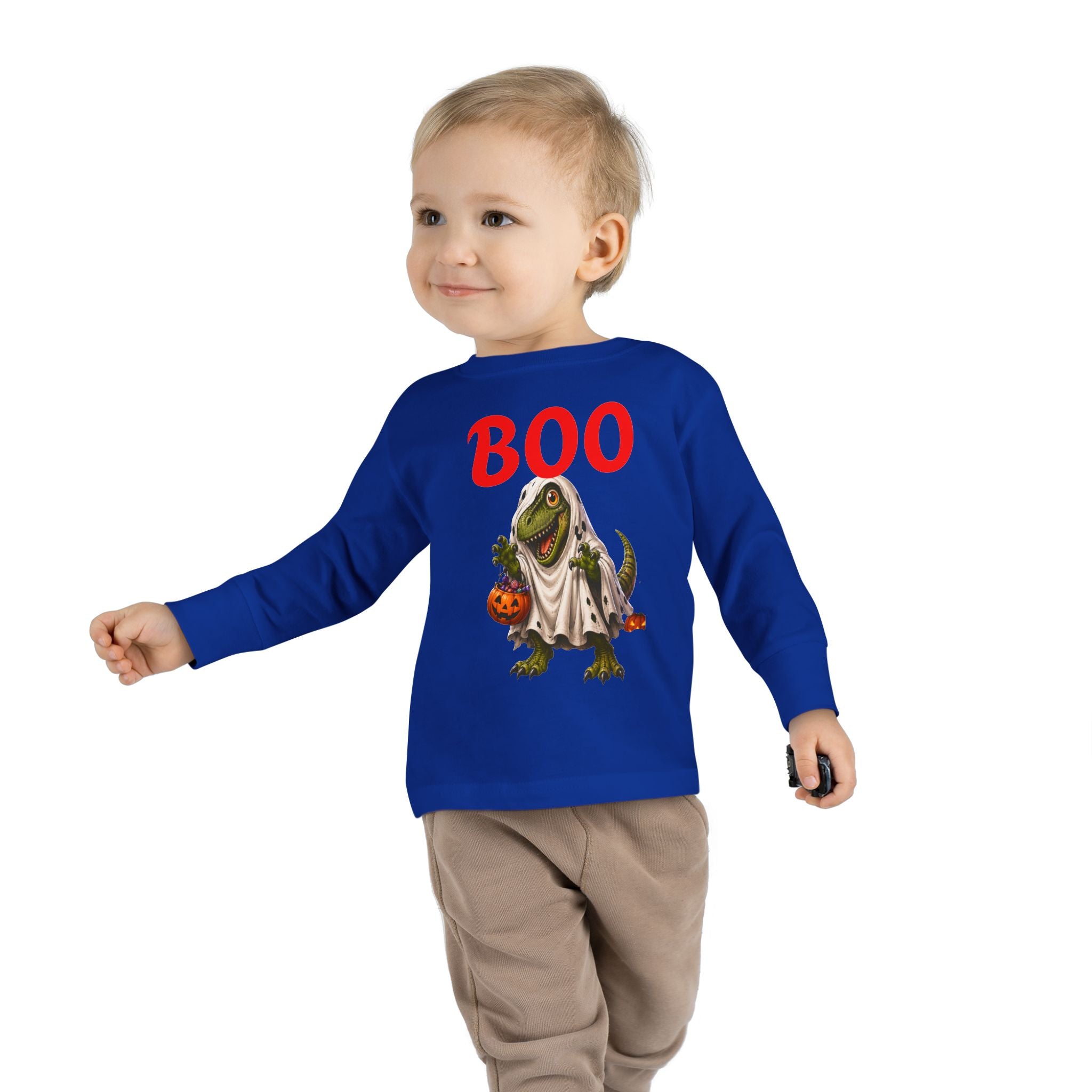 Halloween Toddler Long Sleeve Tee — Cute Dinosaur Ghost "BOO!" Halloween Shirt