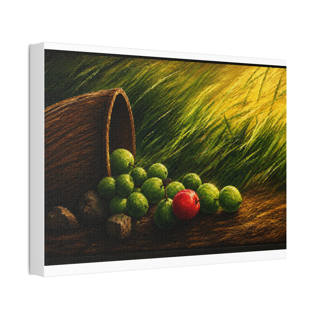 Still Life Canvas Print – Rustic Fallen Basket with Green and Red Fruit, Stretched 1.5"