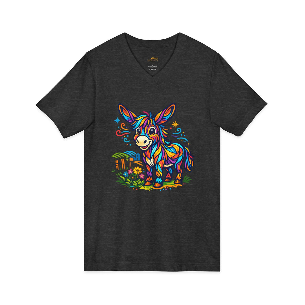 Colorful Donkey V-Neck Tee — Whimsical Farm Animal Graphic Shirt