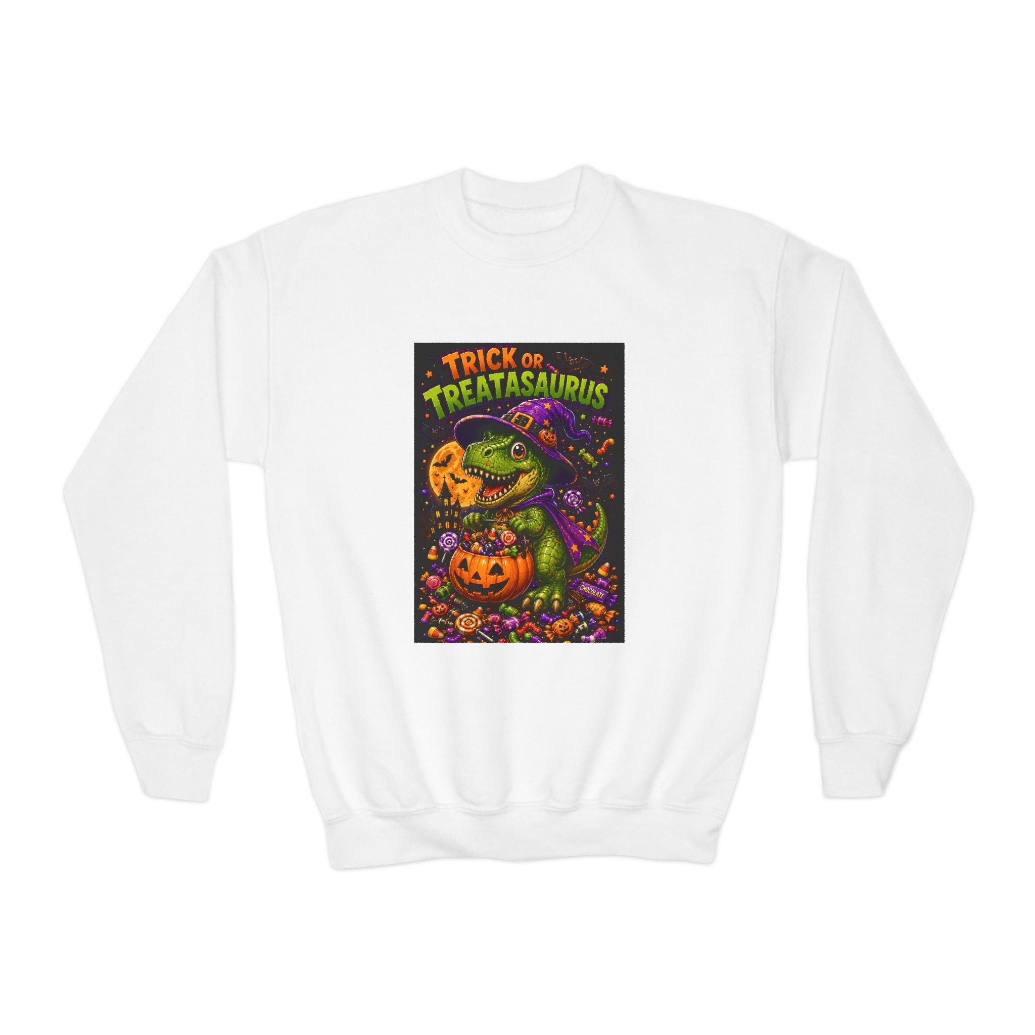 Youth Halloween Sweatshirt — "Trick or Treatasaurus" Dino Pumpkin Crewneck