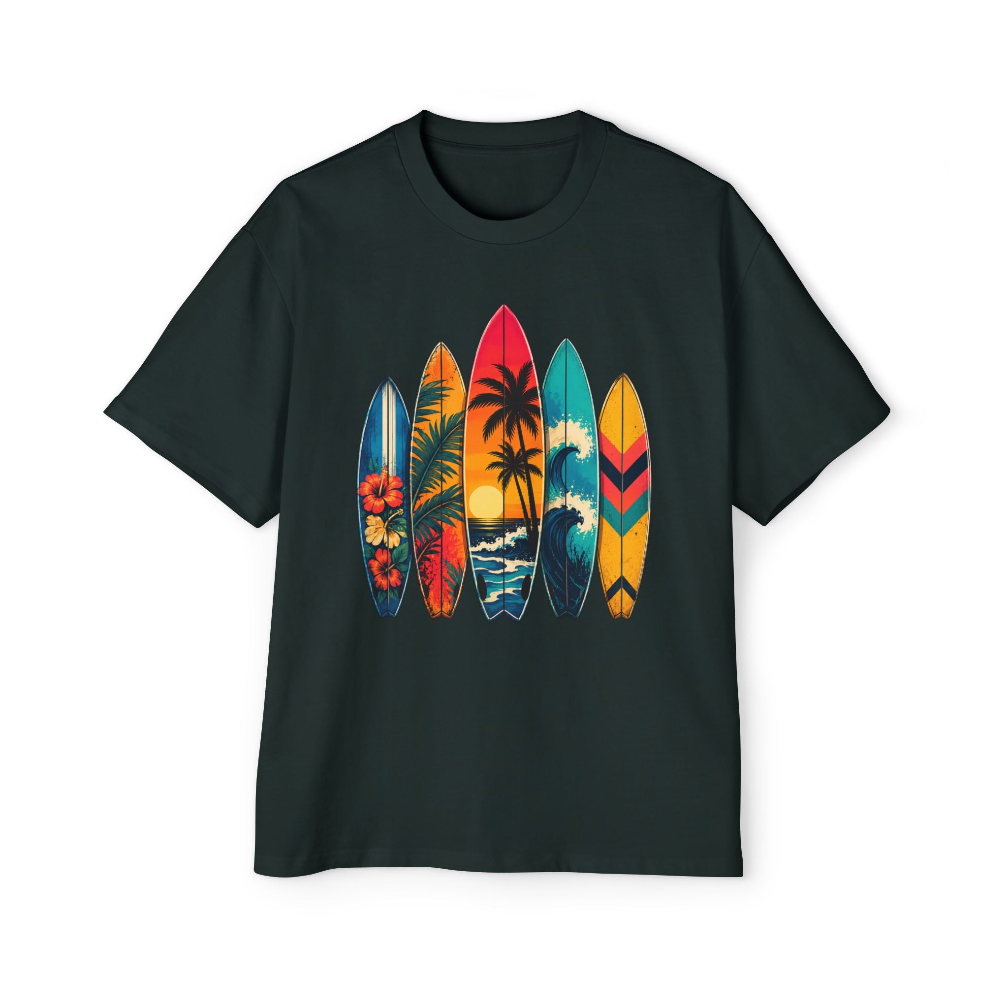 Surfboard Graphic Tee — Vintage Tropical Beach Shirt for Men