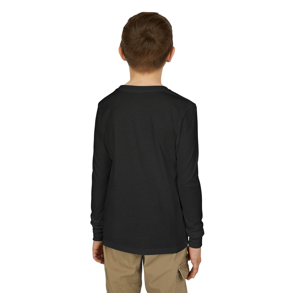 Youth Long Sleeve Tee — Spooky Dinosaur Jack-O'-Lantern Halloween Shirt (Custom Name)