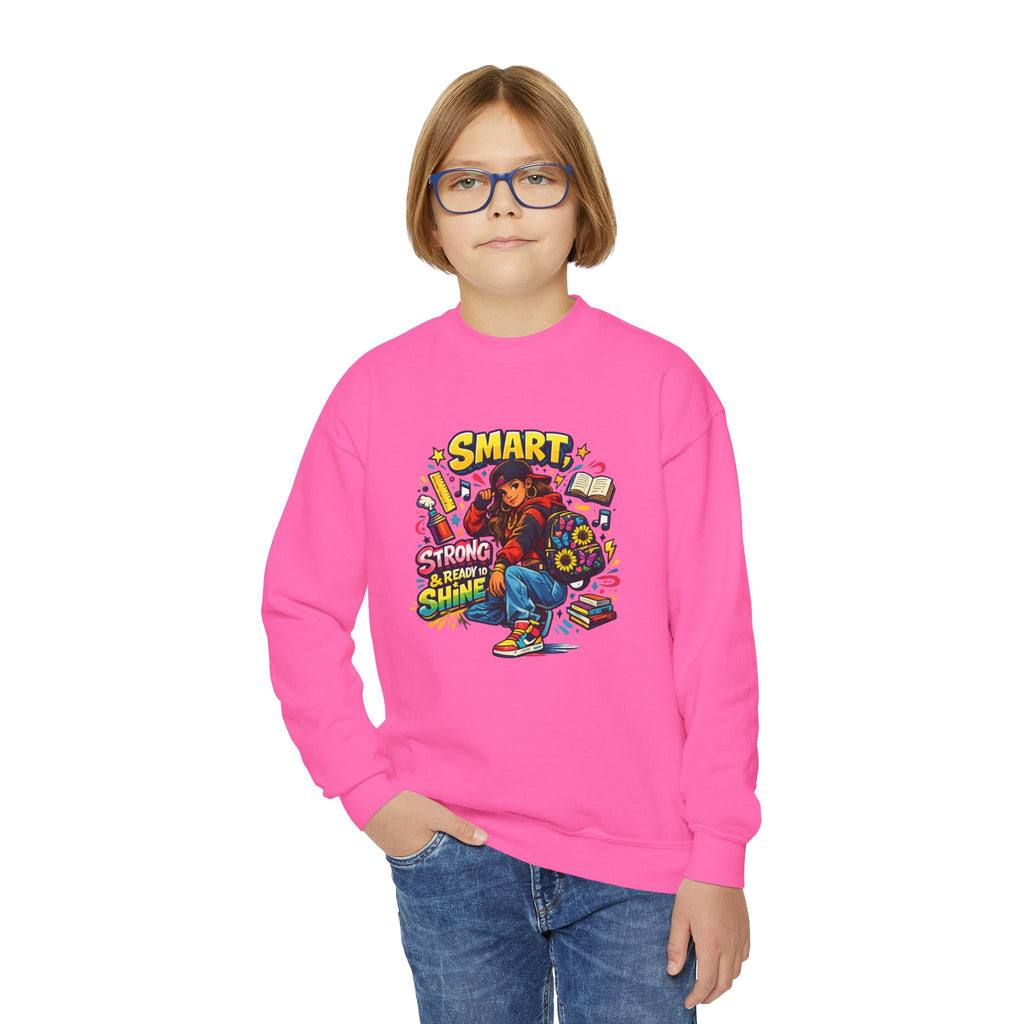 Youth Crewneck Sweatshirt — "Smart, Strong & Brave" Colorful Skateboard Graphic