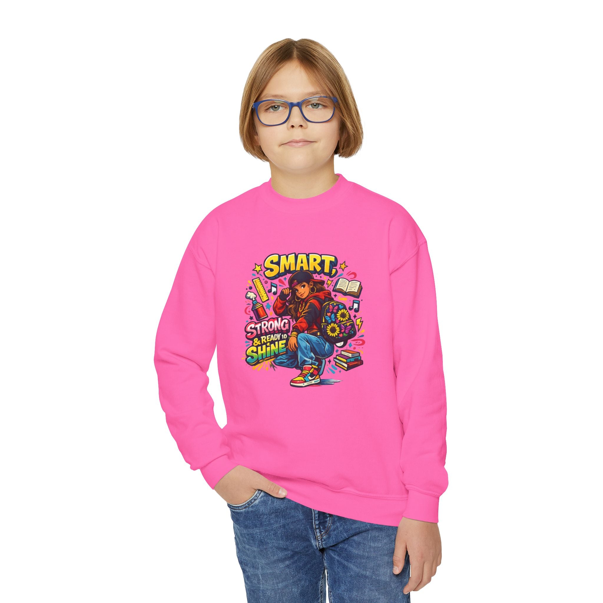 Youth Crewneck Sweatshirt — "Smart, Strong & Brave" Colorful Skateboard Graphic