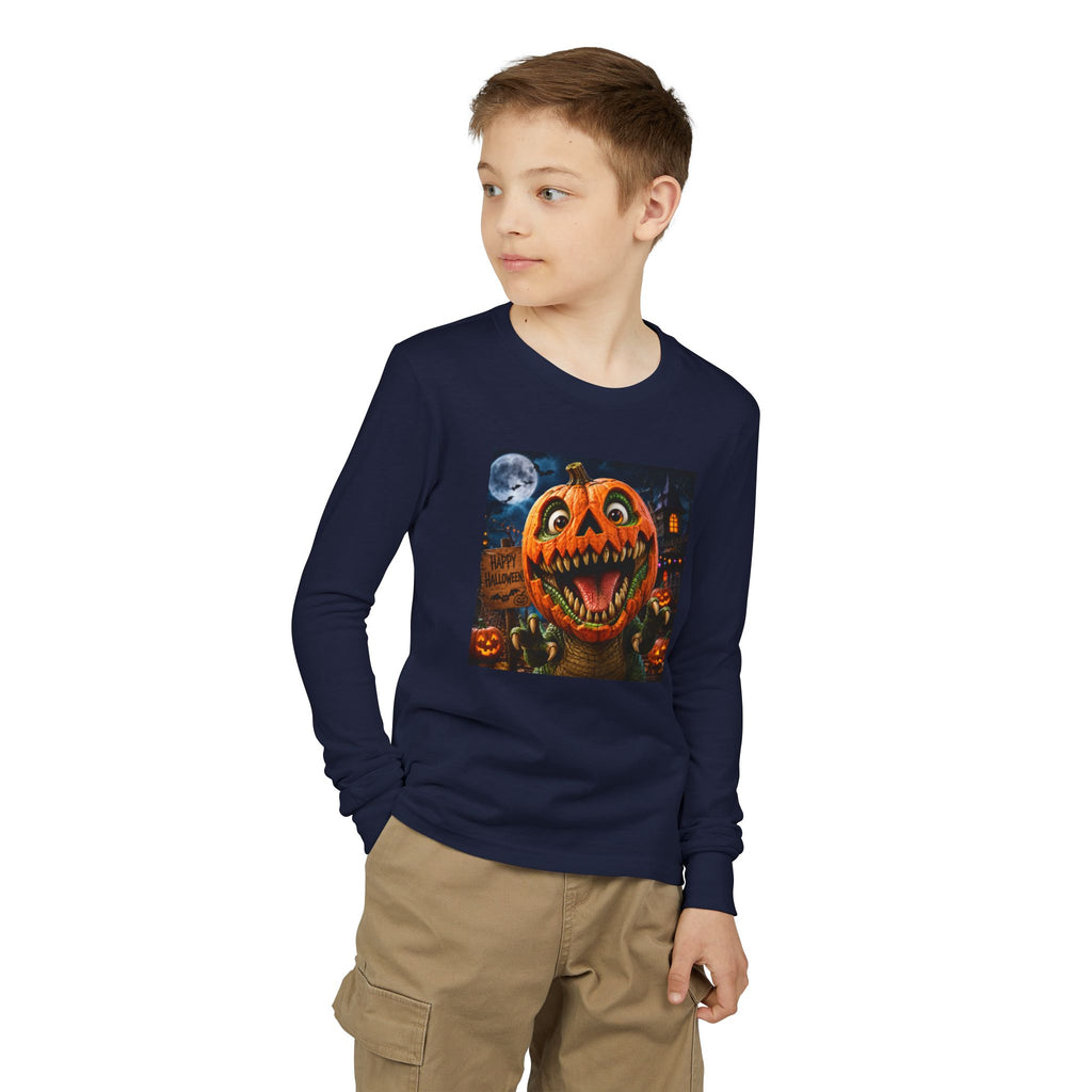 Youth Long Sleeve Tee — Spooky Dinosaur Jack-O'-Lantern Halloween Shirt (Custom Name)