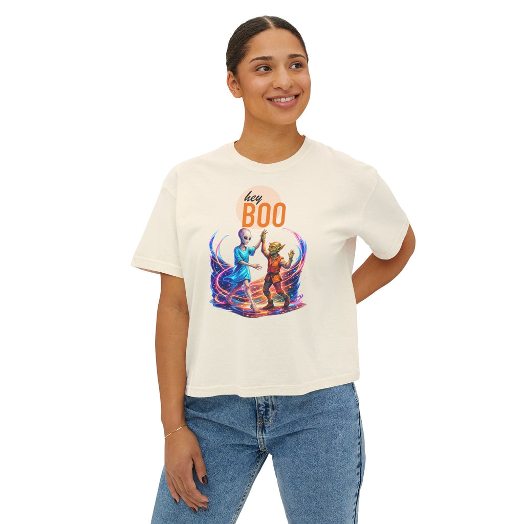 Hey Boo Halloween Tee — Outer Space Dance Couple Graphic Boxy Tee