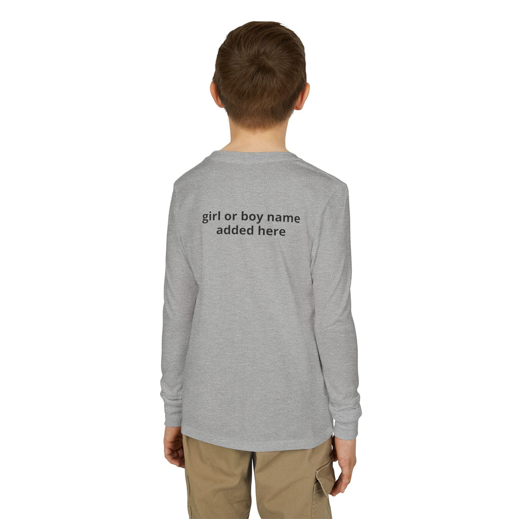 Youth Long Sleeve Tee — Spooky Dinosaur Jack-O'-Lantern Halloween Shirt (Custom Name)