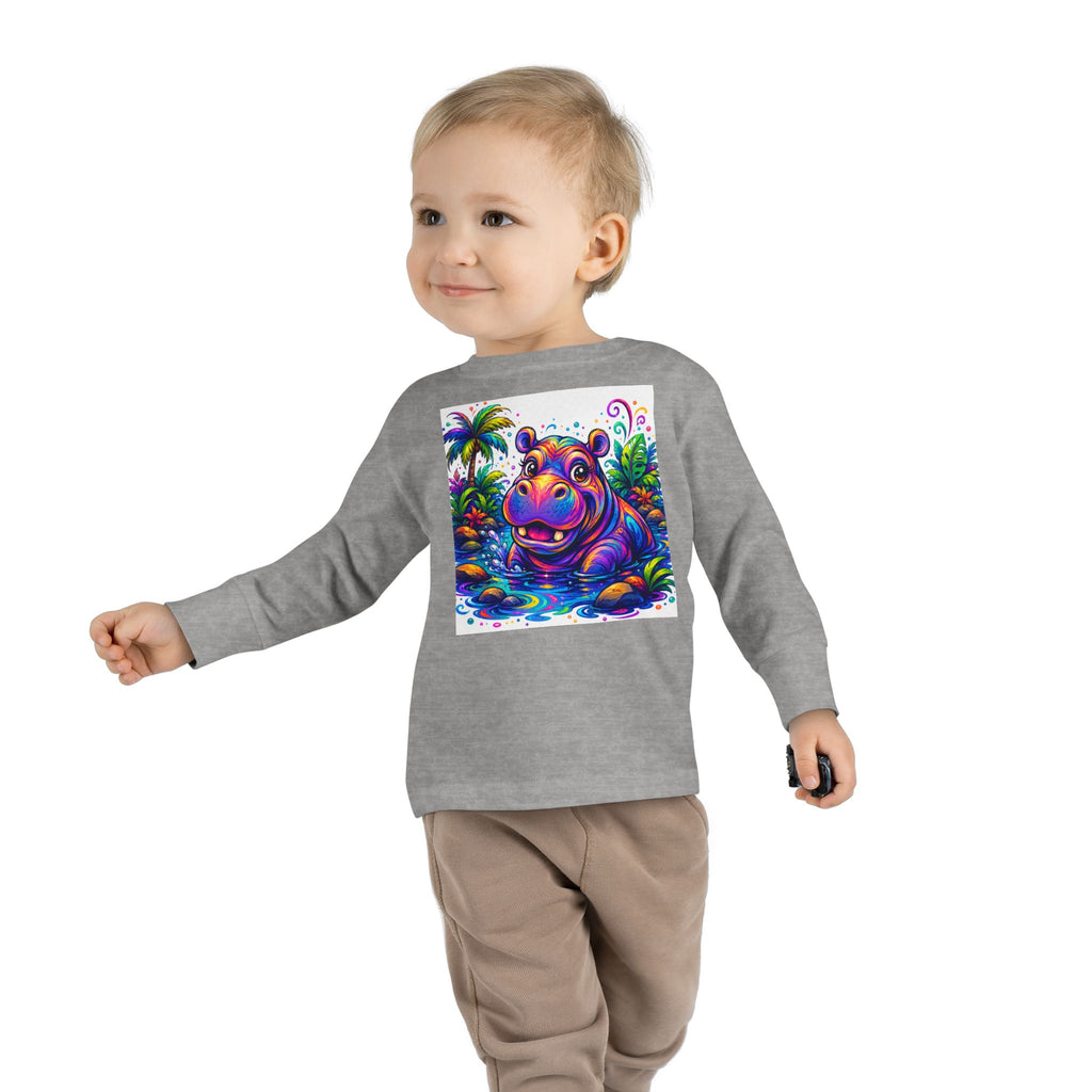 Colorful Hippo Toddler Long Sleeve Tee — Vibrant Jungle Animal Shirt for Kids