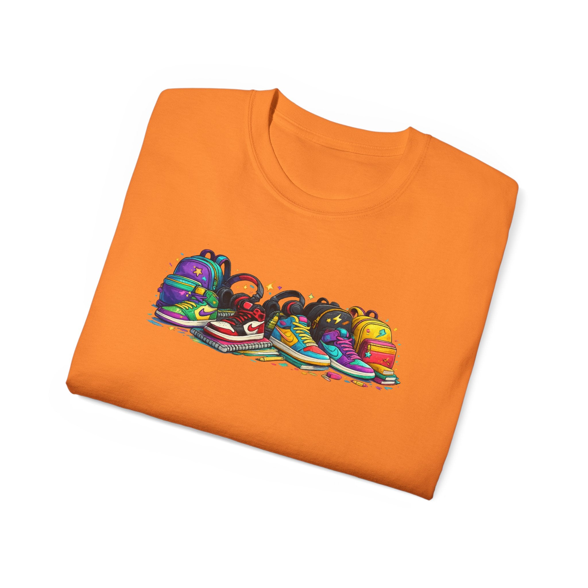 Colorful Sneaker Stack Tee — Graphic Shoe & Backpack Illustration T‑Shirt