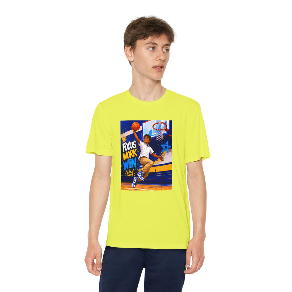 Youth Basketball Tee, Back to School — "Focus Work Win" Personalized Name Jersey