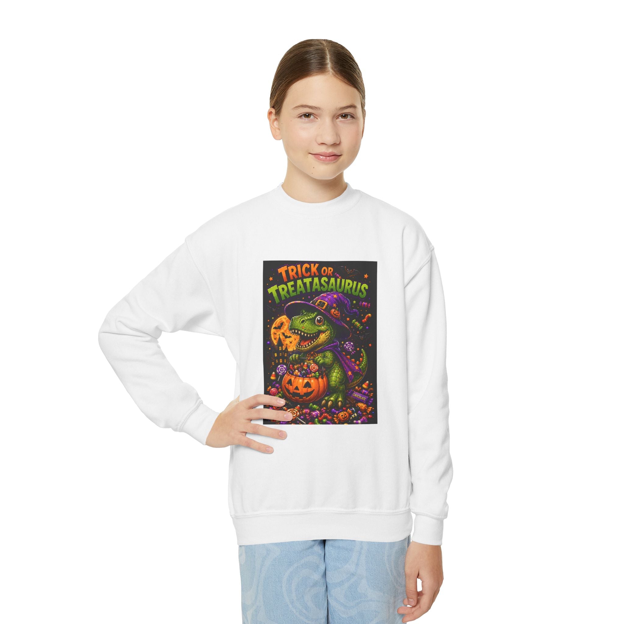 Youth Halloween Sweatshirt — "Trick or Treatasaurus" Dino Pumpkin Crewneck