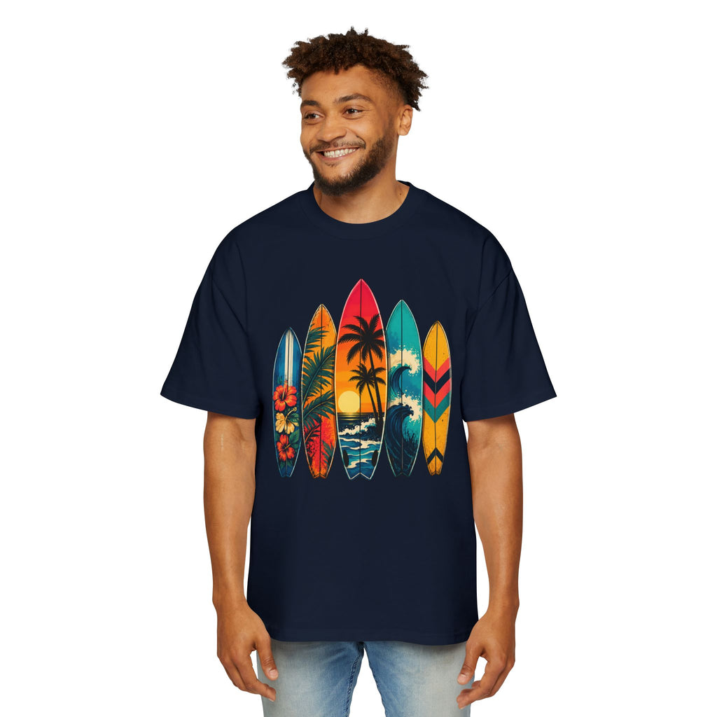 Surfboard Graphic Tee — Vintage Tropical Beach Shirt for Men