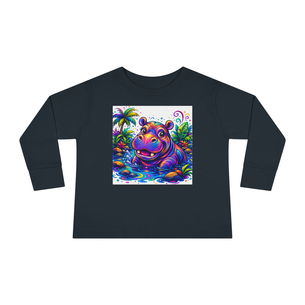 Colorful Hippo Toddler Long Sleeve Tee — Vibrant Jungle Animal Shirt for Kids