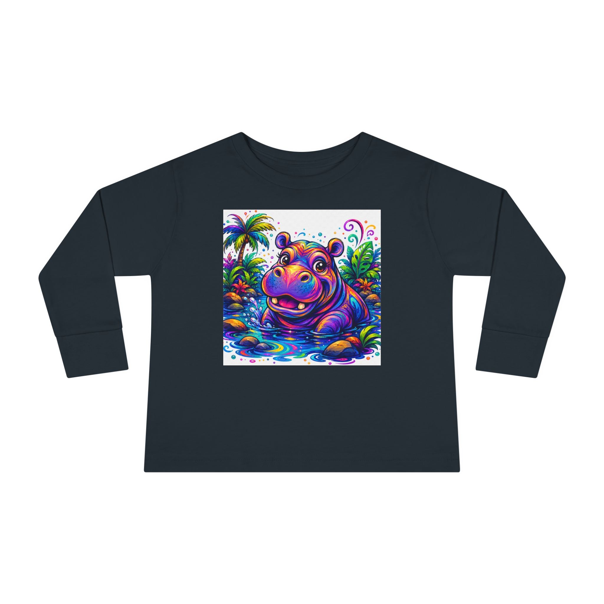 Colorful Hippo Toddler Long Sleeve Tee — Vibrant Jungle Animal Shirt for Kids