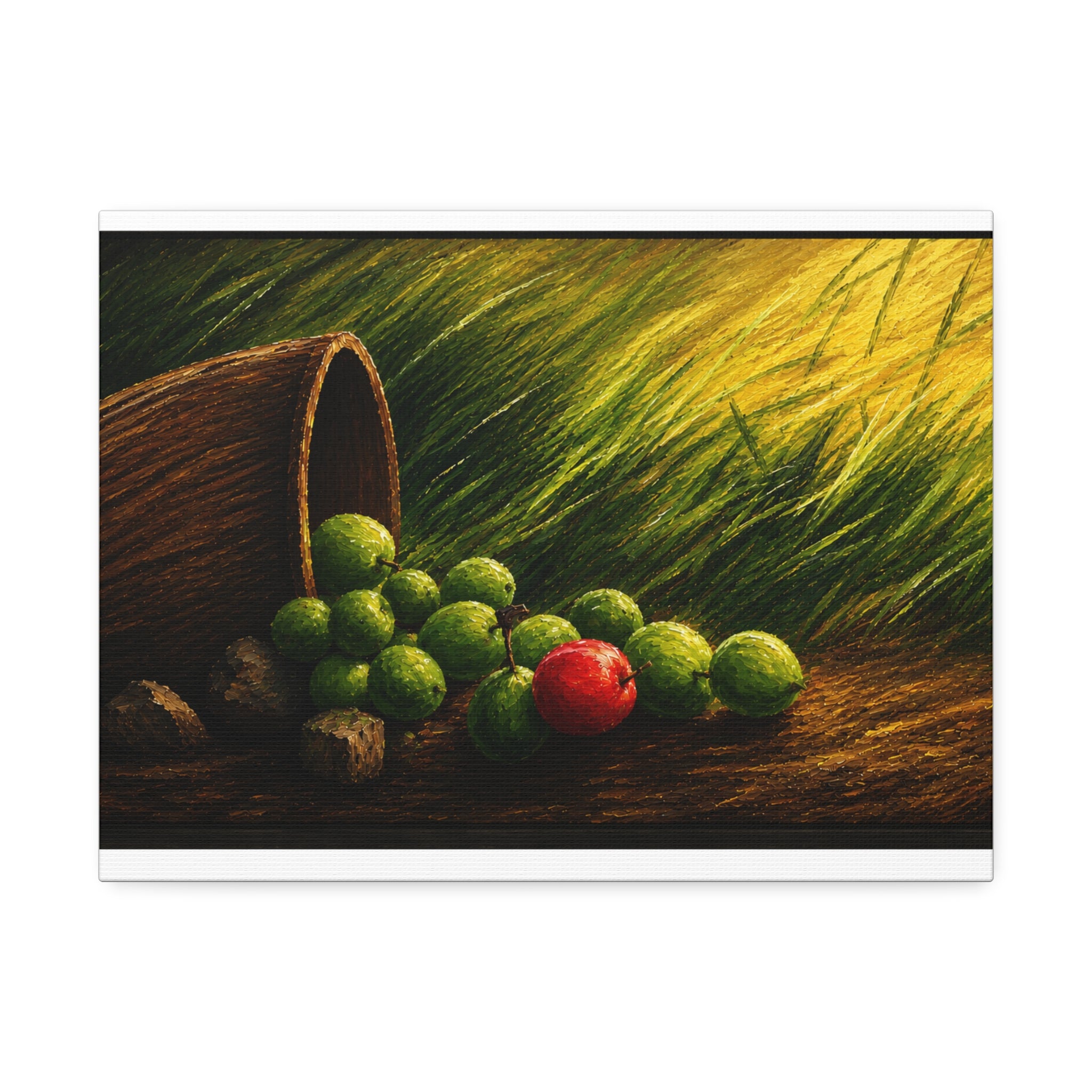 Still Life Canvas Print – Rustic Fallen Basket with Green and Red Fruit, Stretched 1.5"