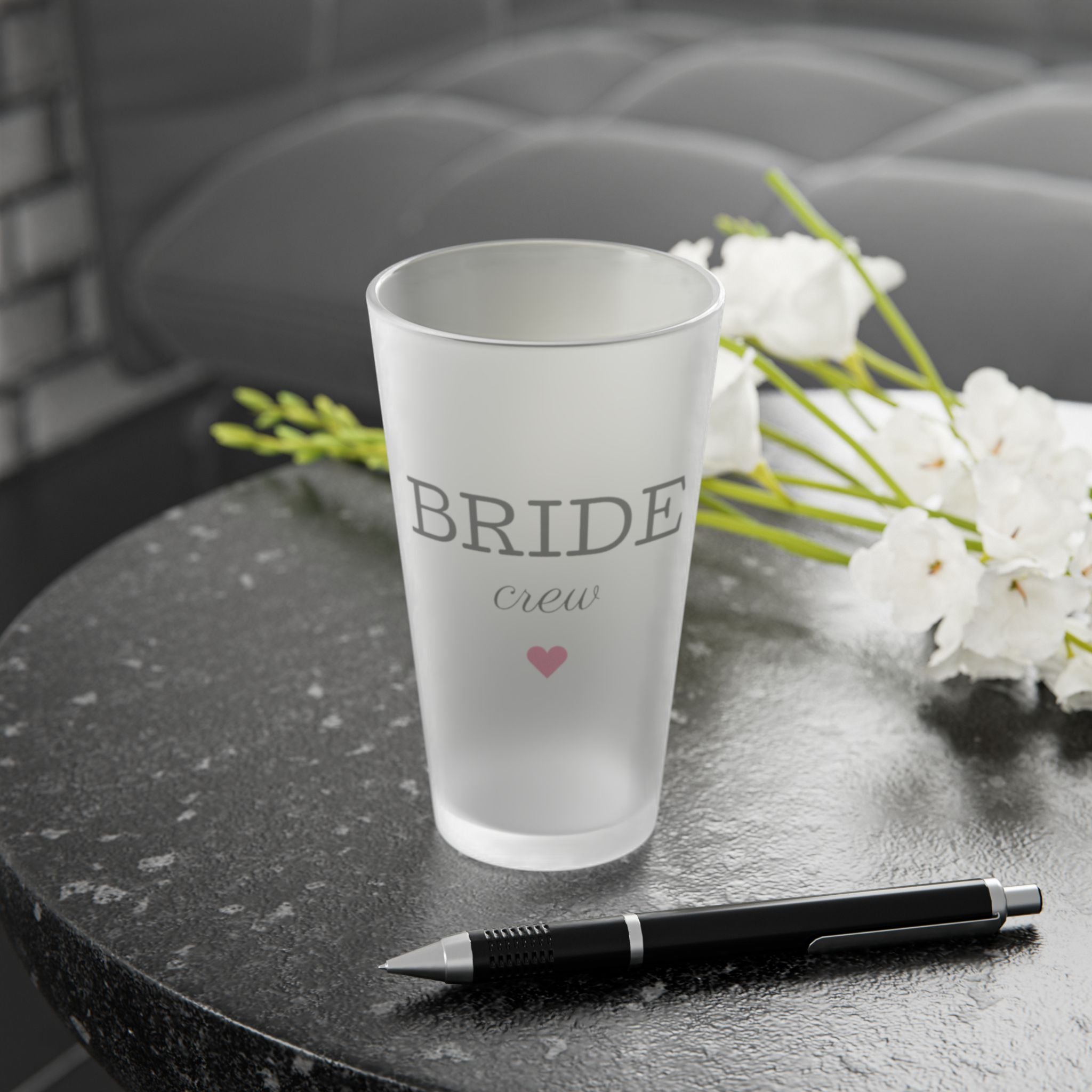 Bride Crew Frosted Pint Glass 16oz — Bachelorette Party Pint with Heart