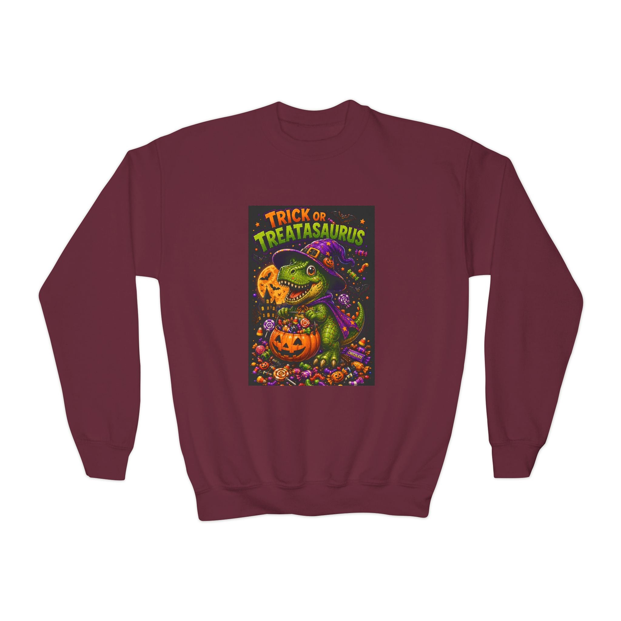 Youth Halloween Sweatshirt — "Trick or Treatasaurus" Dino Pumpkin Crewneck