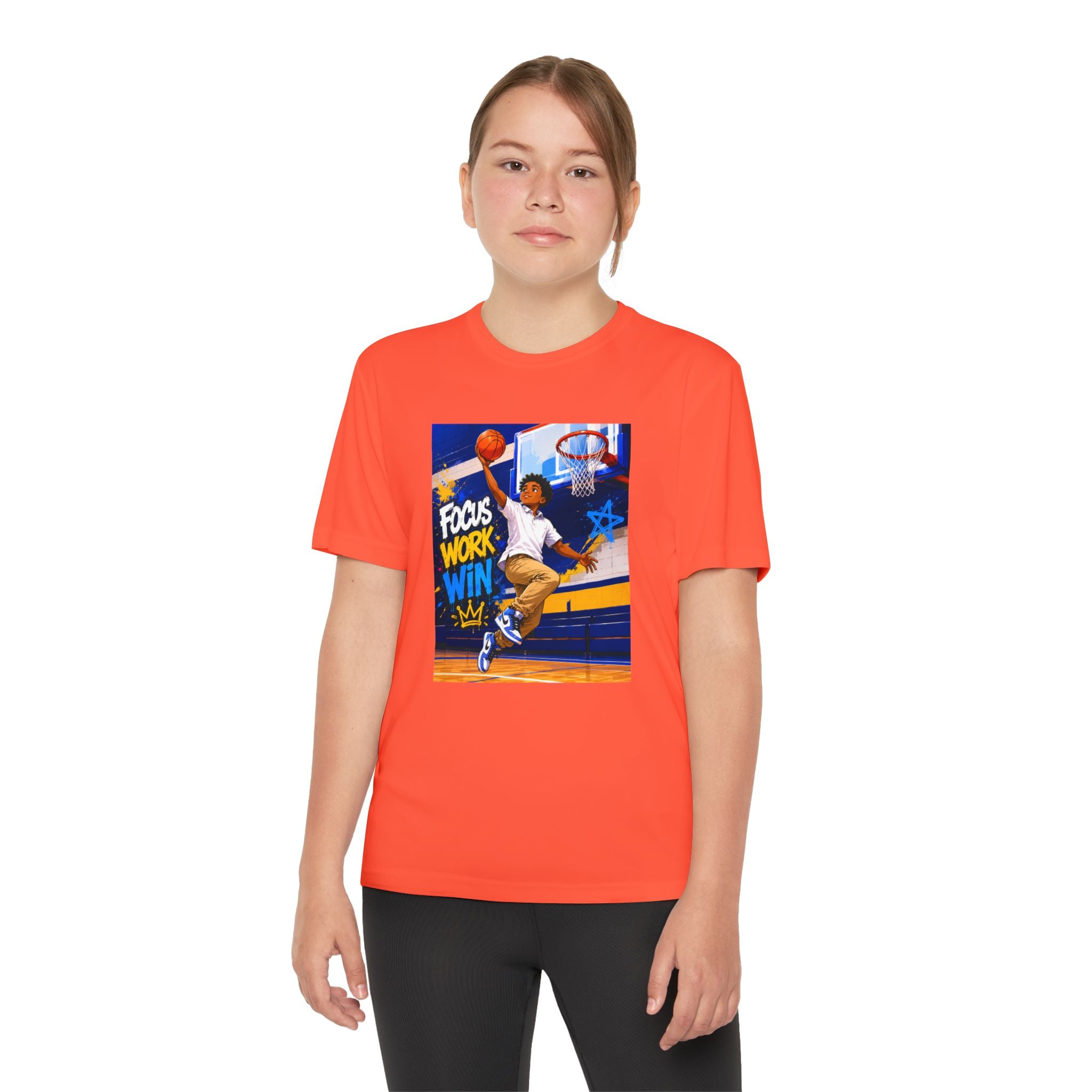 Youth Basketball Tee, Back to School — "Focus Work Win" Personalized Name Jersey
