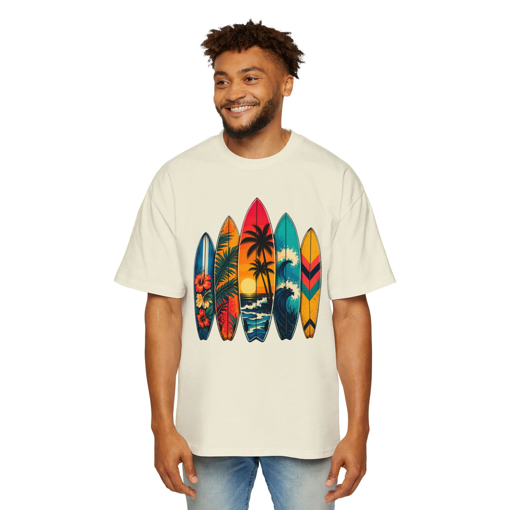 Surfboard Graphic Tee — Vintage Tropical Beach Shirt for Men