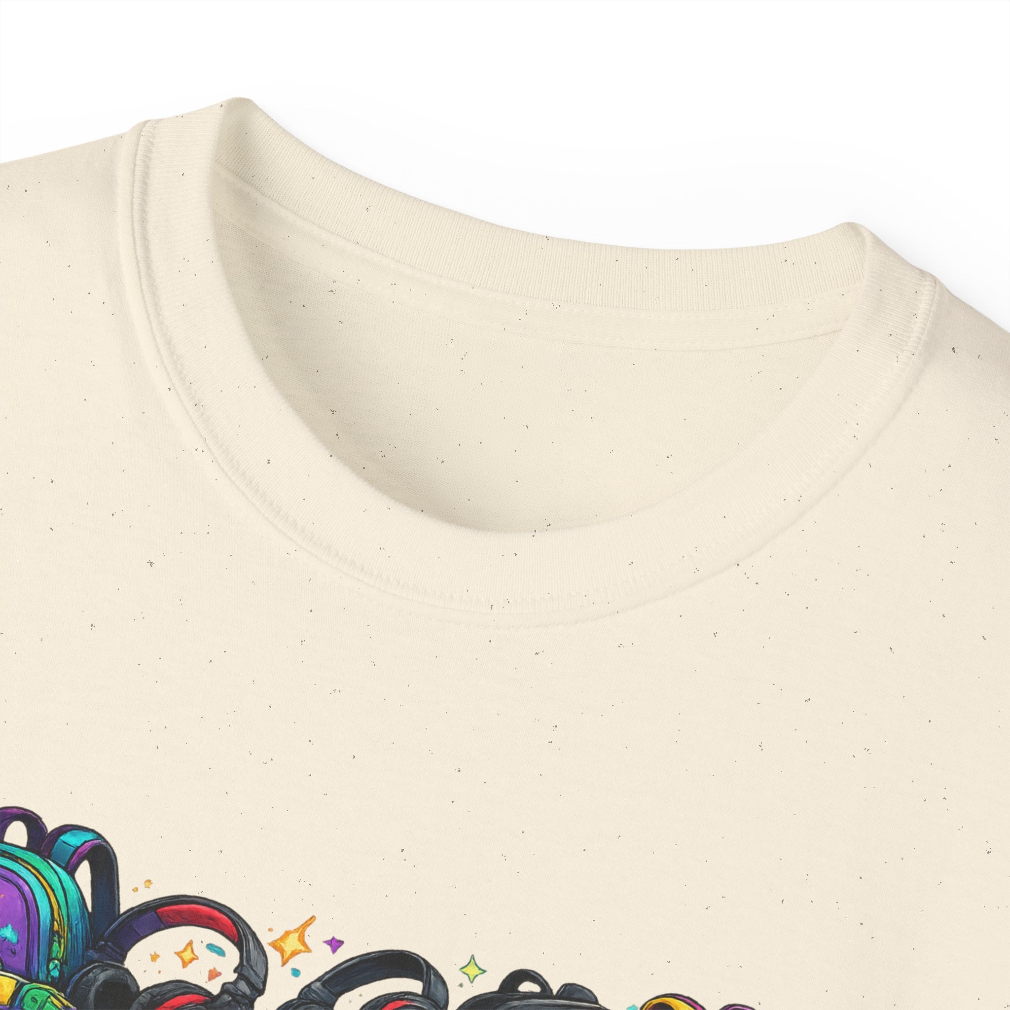 Colorful Sneaker Stack Tee — Graphic Shoe & Backpack Illustration T‑Shirt
