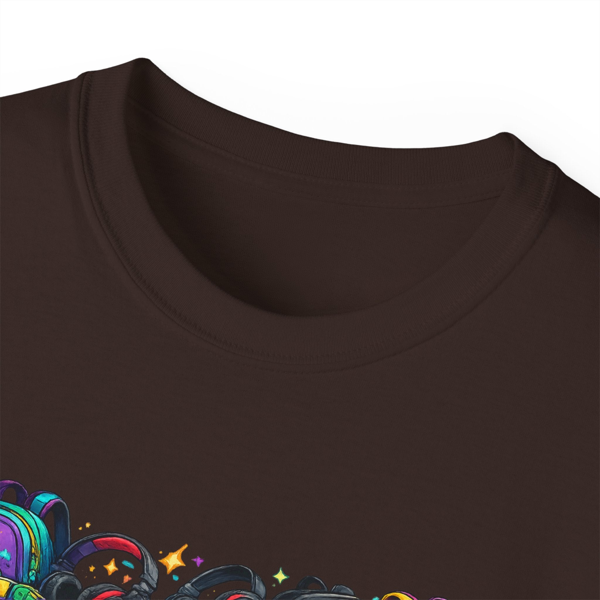 Colorful Sneaker Stack Tee — Graphic Shoe & Backpack Illustration T‑Shirt