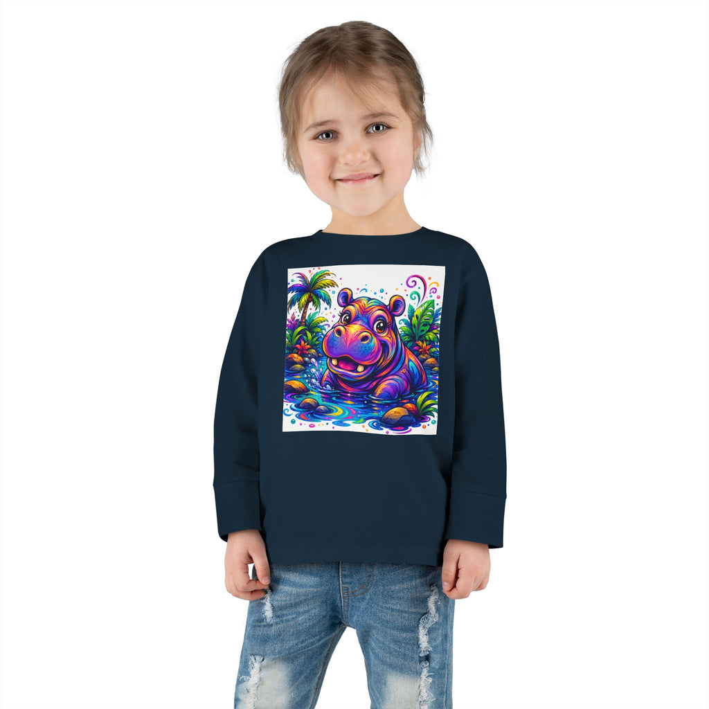 Colorful Hippo Toddler Long Sleeve Tee — Vibrant Jungle Animal Shirt for Kids