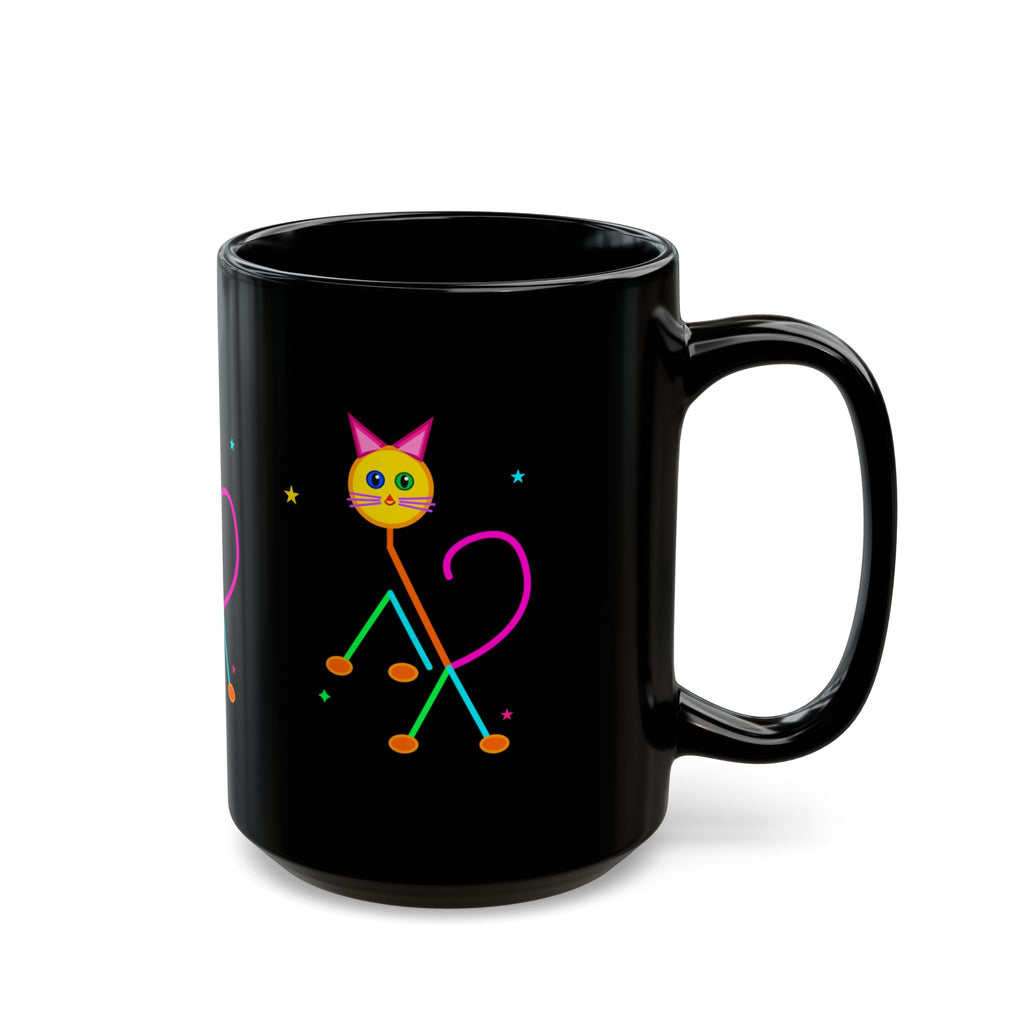 Neon Cat Black Mug — Colorful Retro Cat Coffee Cup (11oz/15oz)