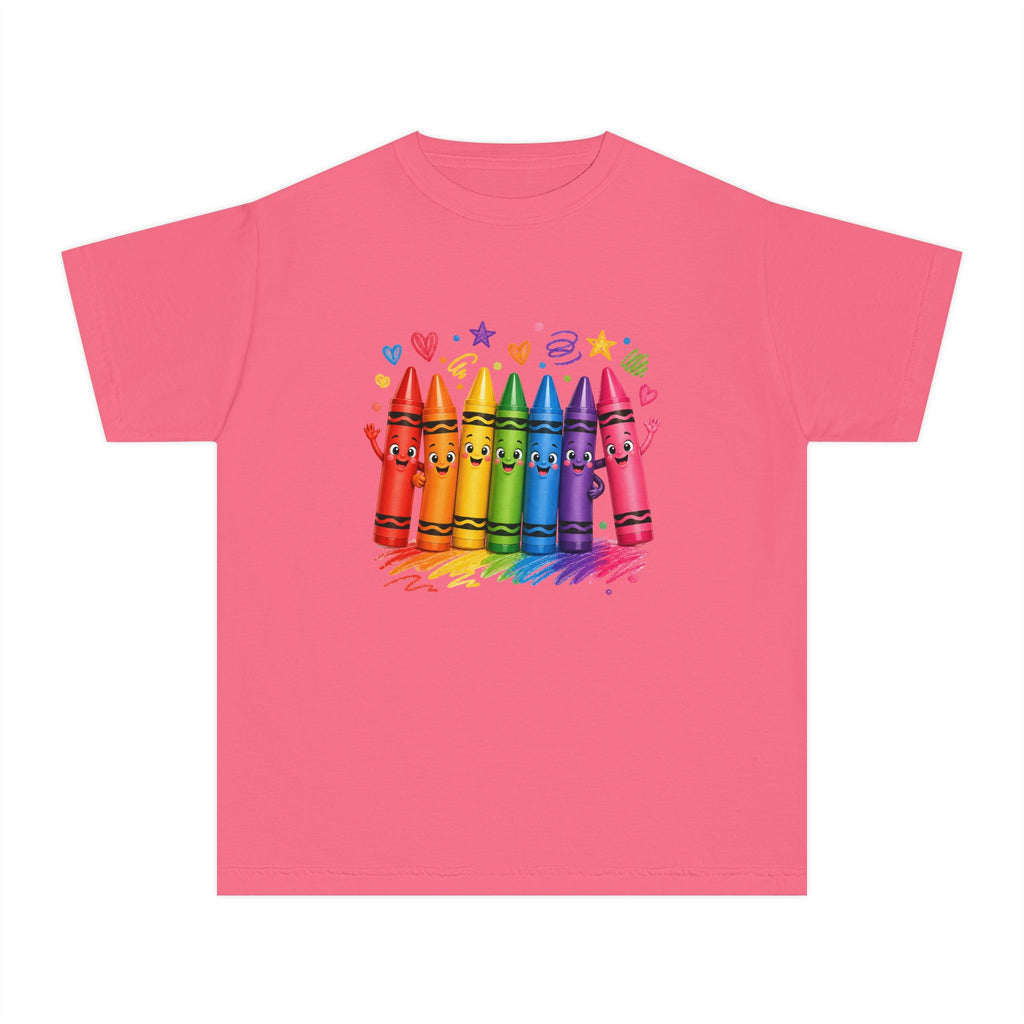 Crayon Crew Kids T‑Shirt — Colorful Rainbow Crayon Friends Tee